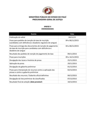 MINISTÉRIO PÚBLICO DO ESTADO DO PIAUÍ
PROCURADORA-GERAL DE JUSTIÇA
ANEXO II
CRONOGRAMA
Evento Data
Publicação do edital 04/11/15
Prazo para pedidos de isenção da taxa de inscrição
(candidatos com deficiência e doadores regulares de sangue)
04 a 06/11/2015
Prazo para entrega dos documentos de isenção de pagamento
da taxa de inscrição para candidatos com deficiência e
doadores de sangue
04 a 06/11/2015
Resultado dos pedidos de isenção de pagamento da taxa 09/11/2015
Prazo para inscrições 09 a 16/11/2015
Divulgação dos locais e horários de prova 25/11/2015
Aplicação da prova 29/11/2015
Divulgação do gabarito preliminar 01/12/2015
Prazo para interposição de recursos contra a aplicação das
provas e contra o gabarito preliminar
02/12/2015
Resultado dos recursos / Gabarito oficial definitivo 04/12/2015
Divulgação da lista preliminar de classificados 07/12/2015
Resultado final da seleção (data provável) 10/12/2015
 