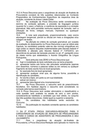 10.2 A Prova Discursiva para o cargo/áreas de atuação de Analista de
Procuradoria constará de três questões relacionadas ao Conteúdo
Programático de Conhecimentos Específicos da respectiva área de
atuação, constante do Anexo I deste Edital.
10.3 Na avaliação da Prova Discursiva serão considerados o
domínio do conteúdo aplicado, a precisão da linguagem jurídica
(quando for o caso), a fluência, a coerência da exposição e a correção
gramatical. Não será permitida nenhuma espécie de consulta, nem a
utilização de livros, códigos, manuais, impressos ou quaisquer
anotações.
10.4 A nota será prejudicada, proporcionalmente, caso ocorra
abordagem tangencial, parcial ou diluída em meio a divagações e/ou
colagem de textos.
10.5 Na aferição do critério de correção gramatical, por ocasião
da avaliação do desempenho na Prova Discursiva a que se refere este
Capítulo, os candidatos poderão valer-se das normas ortográficas em
vigor antes ou depois daquelas implementadas pelo Decreto federal nº
6.583/2008, e alterado pelo Decreto federal nº 7.875/2012, em
decorrência do período de transição previsto no art. 2º, parágrafo único
da citada norma que estabeleceu o Acordo Ortográfico da Língua
Portuguesa.
10.6 Será atribuída nota ZERO à Prova Discursiva que:
a) fugir à modalidade de texto solicitada e/ou ao tema proposto;
b) apresentar textos sob forma não articulada verbalmente (apenas
com desenhos, números e palavras soltas ou em versos) ou qualquer
fragmento de texto escrito fora do local apropriado;
c) for assinada fora do local apropriado;
d) apresentar qualquer sinal que, de alguma forma, possibilite a
identificação do candidato;
e) for escrita a lápis, em parte ou em sua totalidade;
f) estiver em branco;
g) apresentar letra ilegível e/ou incompreensível.
10.7 Na Prova Discursiva, o rascunho será de preenchimento
facultativo. Em hipótese alguma o rascunho será considerado na
correção pela banca examinadora.
10.8 A Prova Discursiva terá caráter eliminatório e classificatório e
cada questão será avaliada na escala de zero a cem pontos,
considerando-se habilitado o candidato que tiver obtido, no conjunto
das três questões discursivas, média igual ou superior a sessenta.
10.9 Os candidatos não habilitados serão excluídos do
Concurso.
10.10 Da publicação do resultado constarão apenas os candidatos
habilitados.
11. DA 2ª ETAPA: PROVA DISCURSIVA-REDAÇÃO PARA O
CARGO/ÁREAS DE ATUAÇÃO DE ANALISTA DE PROCURADORIA
E PARA O CARGO DE ASSISTENTE DE PROCURADORIA E SEU
JULGAMENTO
11.1 Para o cargo/áreas de atuação de Analista de
Procuradoria, a Prova Discursiva-Redação será aplicada no mesmo dia
 