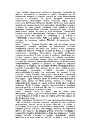 vícios; pedidos determinado, genérico e alternativo; cumulação de
pedidos; interpretação e alteração do pedido. Resposta do réu:
contestação, exceção e objeção; carência de ação; litispendência,
conexão e continência de causa; exceções processuais:
incompetência, reconvenção; revelia. Execução: regras gerais;
provisória e definitiva; embargos do devedor. Sentença e coisa julgada:
requisitos da sentença; julgamento extra, ultra e citra petitum; conceitos
e limites da coisa julgada; preclusão, coisa julgada e eficácia
preclusiva. Ação rescisória. Nulidades. Recursos em geral: conceito,
pressupostos, efeitos. Processo e ação cautelares: procedimento
cautelar comum e procedimentos cautelares específicos. Juizados
especiais cíveis (Lei federal n.º 9.099/1995 e Lei federal nº
10.295/2001); procedimentos. Ação civil pública, ação popular e
mandado de segurança coletivo. Mandado de segurança. Ação
monitória.
Direito Tributário: Sistema Tributário Nacional: disposições gerais,
competência tributária, limitações da competência tributária,
competência privativa da União, dos Estados e dos Municípios,
competência residual. Princípios jurídicos da tributação: legalidade,
anterioridade, igualdade, competência, capacidade contributiva,
vedação do confisco. Tributo: conceito e espécies; classificação dos
tributos: impostos, taxas, contribuições de melhoria, empréstimos
compulsórios, contribuições sociais; função dos tributos. Legislação
tributária: leis, tratados e convenções internacionais, decretos e normas
complementares; vigência e aplicação da legislação tributária;
interpretação e integração da legislação tributária. Obrigação tributária:
principal e acessória; fato gerador; sujeito ativo; sujeito passivo:
solidariedade, capacidade tributária, domicílio tributário;
responsabilidade tributária: dos sucessores, de terceiros e por
infrações. Crédito Tributário: constituição - lançamento; suspensão;
extinção; exclusão; garantias e privilégios. Administração tributária:
fiscalização - sigilo comercial, dever de informar e sigilo profissional,
sigilo fiscal, auxílio da força pública, excesso de exação e
responsabilidade pessoal do agente público; dívida ativa; certidões
negativas. Direito tributário: conceito, denominações e finalidade;
natureza, posição e autonomia. Noções do processo administrativo
tributário. Crimes contra a ordem tributária.
Direito Comercial: Títulos de crédito: Letra de Câmbio; Nota
Promissória; Cheque, Cédulas de Crédito Rural; Cédulas e Notas de
Crédito Industrial; Cédulas e Notas de Crédito Comercial; Cédulas de
Crédito Bancário; Aval.
Direito Financeiro e Econômico: Finanças públicas na Constituição de
1988. Orçamento: conceito, espécies, natureza jurídica, princípios
orçamentários, normas gerais de direito financeiro (Lei federal nº
4.320/1964), fiscalização e controle interno e externo dos orçamentos.
Despesa pública: conceito, classificação, princípio da legalidade;
técnica de realização da despesa pública: empenho, liquidação e
pagamento; disciplina constitucional e legal dos precatórios. Receita
pública: conceito, ingressos e receitas; classificação: receitas
originárias e receitas derivadas; distinção de taxa e preço público.
 