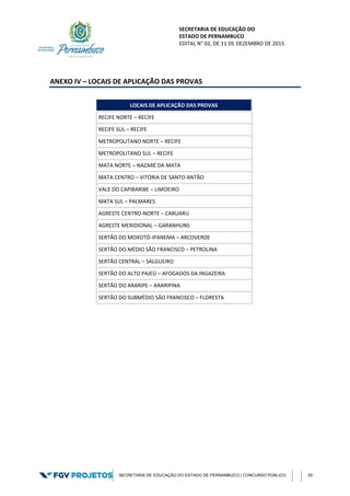 SECRETARIA DE EDUCAÇÃO DO
ESTADO DE PERNAMBUCO
EDITAL N° 02, DE 11 DE DEZEMBRO DE 2015
SECRETARIA DE EDUCAÇÃO DO ESTADO DE PERNAMBUCO | CONCURSO PÚBLICO 39
ANEXO IV – LOCAIS DE APLICAÇÃO DAS PROVAS
LOCAIS DE APLICAÇÃO DAS PROVAS
RECIFE NORTE – RECIFE
RECIFE SUL – RECIFE
METROPOLITANO NORTE – RECIFE
METROPOLITANO SUL – RECIFE
MATA NORTE – NAZARÉ DA MATA
MATA CENTRO – VITÓRIA DE SANTO ANTÃO
VALE DO CAPIBARIBE – LIMOEIRO
MATA SUL – PALMARES
AGRESTE CENTRO-NORTE – CARUARU
AGRESTE MERIDIONAL – GARANHUNS
SERTÃO DO MOXOTÓ-IPANEMA – ARCOVERDE
SERTÃO DO MÉDIO SÃO FRANCISCO – PETROLINA
SERTÃO CENTRAL – SALGUEIRO
SERTÃO DO ALTO PAJEÚ – AFOGADOS DA INGAZEIRA
SERTÃO DO ARARIPE – ARARIPINA
SERTÃO DO SUBMÉDIO SÃO FRANCISCO – FLORESTA
 