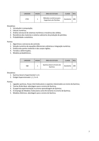 UNIDADE        VAGAS         ÁREA DE ESTUDO           CLASSE      REG.

                                              Métodos numéricos para
                       CTEC           1                                   Assistente   40h
                                              Engenharia de Petróleo


Disciplinas:
    1. Introdução à computação;
    2. Cálculo numérico;
    3. Análise estrutural de sistemas marítimos e mecânica dos sólidos;
    4. Resistência dos materiais e sistema submarino de produção de petróleo;
    5. Probabilidade e estatística.

Pontos:
   1. Algoritmos e estruturas de controle;
   2. Solução numérica de equações diferenciais ordinárias e integração numérica;
   3. Estática dos pontos materiais e dos corpos rígidos;
   4. Tensões e deformações;
   5. Modelos probabilísticos.



                     UNIDADE        VAGAS         ÁREA DE ESTUDO           CLASSE      REG.

                                              Química Geral e Ensino de
                        IQB           1                                   Assistente   20h
                                                      Química


Disciplinas:
    1. Química Geral e Experimental 1 e 2;
    2. Estágio Supervisionado 1, 2, 3 e 4.

Pontos:
   1. Ligações químicas, forças intermoleculares e aspectos relacionados ao ensino da Química;
   2. Teorias Ácido-Base: abordagem para o ensino de Química;
   3. O papel da experimentação no ensino-aprendizagem de Química;
   4. O emprego de Modelos moleculares como ferramenta no ensino de Química;
   5. Modelos Atômicos: abordagem para o ensino de Química.




                                                                                                 7
 
