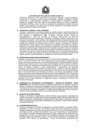 GOVERNO DO ESTADO DE PERNAMBUCO
13
Certificados, Diplomas e outros, garantindo sua idoneidade; organizar e manter atualizado o
arquivo ativo e conservar o arquivo inativo; acompanhar, classificar, protocolar e arquivar
documentos e correspondências, registrando a movimentação de expedientes; executar
trabalho de digitação; zelar pelo sigilo de informações pessoais de alunos, professores,
funcionários e famílias; manter e promover relacionamento cooperativo de trabalho com seus
colegas, com estudantes, com pais e com os demais segmentos da comunidade escolar e
outras atividades de interesse da instituição.
c) ASSISTENTE JURÍDICO – NÍVEL SUPERIOR
Coordenar, supervisionar e executar atividades de natureza jurídica, envolvendo emissão de
pareceres, estudo de processos, elaboração de contratos, convênios, ajustes, anteprojetos de
leis, decretos, e regulamentos; redigir convênios, contratos, ajustes, termos de
responsabilidade e outros de interesses da instituição, baseando-se nos elementos
apresentados pela parte interessada e obedecida a legislação vigente, fiscalizando a sua
execução, para garantir o fiel cumprimento das cláusulas pactuadas; assessorar juridicamente
os órgãos da instituição, orientando sobre os procedimentos que deverão ser adotados, para
solução dos problemas de natureza jurídica; examinar, analisar e interpretar leis, decretos,
jurisprudências, normas legais e outros, estudando sua aplicação, para atender os casos de
interesses da instituição; participar de comissões de sindicância e de inquérito administrativo,
observando requisitos legais e colaborando com autoridade competente, visando a elucidação
dos atos e fatos que deram origem às mesmas; redigir ou elaborar documentos, minutas e
informações de natureza jurídica, aplicando a legislação, forma e terminologia adequadas ao
assunto em questão, para utilizá-las na defesa dos interesses da instituição; executar outras
tarefas correlatas, sempre respeitada a competência da Procuradoria Geral do Estado.
d) PROFESSOR DE EDUCAÇÃO PROFISSIONAL
Participar da elaboração e do desenvolvimento do Projeto Político-Pedagógico, do Plano de
Curso, dos Planos de Ensino dos cursos organizados de forma integral e subsequente, dos
projetos de iniciação científica junto com os demais segmentos da comunidade escolar. Ministrar
aulas teóricas e práticas, assim como praticar outras atividades docentes, utilizando modernos
recursos didáticos e mantendo-se permanentemente atualizado com o estado da arte em seu
campo de atuação; participar e seguir criteriosamente o planejamento das atividades
curriculares, observando as orientações da Gestão Escolar; elaborar e executar projetos de
ensino, estudos e atividades junto à comunidade discente, docente e de fora da escola; contribuir
para o bom funcionamento dos laboratórios correlatos a sua função; responsabilizar-se pelos
registros referentes à vida escolar dos estudantes sob sua responsabilidade, assim como prestar
informações necessárias ao monitoramento da atividade docente; operar de forma proativa para
o desenvolvimento dos estudantes e o aperfeiçoamento de sua escola, bem como exercer outras
atividades que lhe forem atribuídas no Regimento Escolar e orientações da Escola e da
Secretaria de Educação.
e) ASSISTENTE DE TECNOLOGIA DA INFORMAÇÃO – ANÁLISE DE SISTEMAS – NÍVEL
SUPERIOR Atuar com análise e projeto de sistemas, levantamento de requisitos e regras de
negócio, mapeamento de processos e modelagem de dados, atuará com padrões de qualidade
das rotinas e processos, impacto das alterações, garantia da integridade dos sistemas, realizar
o planejamento de projetos e operações e versões, documentação das rotinas e processos,
manuais, rotinas operacionais e outros, com acompanhamento e validação
f) ASSISTENTE DE NÍVEL MÉDIO
Planejar e administrar o mapeamento e controle eletrônico dos processos, atualização dos
sistemas das escolas no âmbito da Secretaria de Educação e MEC; atender as demandas por
pesquisa, tratamento, sistematização e disseminação de informações e estatísticas, executar
ações correlatadas para segurança da informação e dos processos e realizar outras atividades
de interesse da Escola.
g) COORDENADOR DE POLO
Estimular, acompanhar e participar da elaboração e do desenvolvimento do Projeto Político-
Pedagógico, do Plano de Curso, dos Planos de Ensino dos cursos organizados de forma
integral e subsequente, dos projetos de iniciação científica junto com os demais segmentos da
comunidade escolar; coordenar as atividades do seu curso, acompanhar o desenvolvimento
dos conteúdos e projetos planejados pela equipe docente, zelando pelo fiel cumprimento do
planejamento curricular, pelo cumprimento das orientações normativas educacionais e pela
formação integral dos estudantes; sugerir a equipe docente alternativas de atividades que
favoreçam uma melhoria na aprendizagem , buscar constantemente alternativas para
 