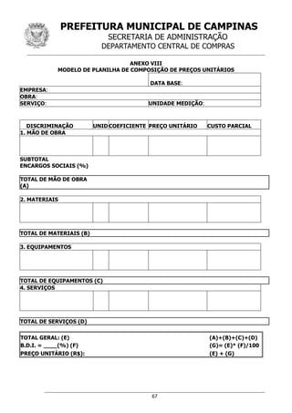 PREFEITURA MUNICIPAL DE CAMPINAS
SECRETARIA DE ADMINISTRAÇÃO
DEPARTAMENTO CENTRAL DE COMPRAS
67
ANEXO VIII
MODELO DE PLANILHA DE COMPOSIÇÃO DE PREÇOS UNITÁRIOS
DATA BASE:
EMPRESA:
OBRA:
SERVIÇO: UNIDADE MEDIÇÃO:
DISCRIMINAÇÃO UNID COEFICIENTE PREÇO UNITÁRIO CUSTO PARCIAL
1. MÃO DE OBRA
SUBTOTAL
ENCARGOS SOCIAIS (%)
TOTAL DE MÃO DE OBRA
(A)
2. MATERIAIS
TOTAL DE MATERIAIS (B)
3. EQUIPAMENTOS
TOTAL DE EQUIPAMENTOS (C)
4. SERVIÇOS
TOTAL DE SERVIÇOS (D)
TOTAL GERAL: (E) (A)+(B)+(C)+(D)
B.D.I. = ____(%) (F) (G)= (E)* (F)/100
PREÇO UNITÁRIO (R$): (E) + (G)
 