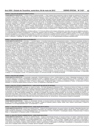 Ano XXIV - Estado do Tocantins, sexta-feira, 04 de maio de 2012                                                          DIÁRIO OFICIAL No 3.621                        43
CARGO 6: ANALISTA EM DESENVOLVIMENTO SOCIAL
CONHECIMENTOS ESPECÍFICOS:
2 Dimensão técnico- operativo do Serviço Social. 2.1 Instrumental de pesquisa em processos de investigação social: elaboração de projetos, métodos e técnicas qualitativas e




conselhos, centros de defesa e delegacias.




CARGO 7: ANALISTA EM TECNOLOGIA DA INFORMAÇÃO
CONHECIMENTOS ESPECÍFICOS:




                                                                                   s de reunião. 14.4 Técnicas de entrevista.

CARGO 8: ANALISTA EM TURISMO
CONHECIMENTOS ESPECÍFICOS:




CARGO 9: ANALISTA TÉCNICO-ADMINISTRATIVO – HABILITAÇÃO EM ANÁLISE DE SISTEMAS
CONHECIMENTOS ESPECÍFICOS:                                            Project Management Professsional
emitido pelo Project Management Institute
                                          Information Technology Insfrastructure Library


                                                                                                                          guia de boas práticas apresentado como famework,




CARGO 10: ANALISTA TÉCNICO-ADMINISTRATIVO
CONHECIMENTOS ESPECÍFICOS:




CARGO 11: ANALISTA TÉCNICO-ADMINISTRATIVO - HABILITAÇÃO EM FILOSOFIA:
CONHECIMENTOS ESPECÍFICOS:




CARGO 12: ANALISTA TÉCNICO-ADMINISTRATIVO - HABILITAÇÃO EM LETRAS
CONHECIMENTOS ESPECÍFICOS:
 