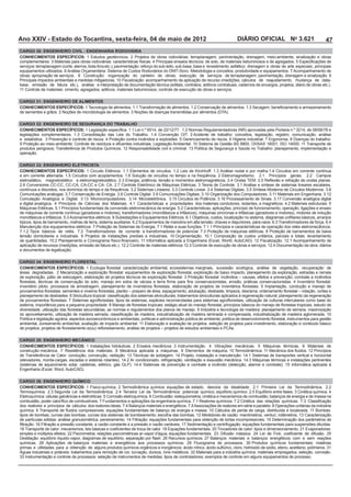 Ano XXIV - Estado do Tocantins, sexta-feira, 04 de maio de 2012                                                        DIÁRIO OFICIAL No 3.621                         47
CARGO 30: ENGENHEIRO CIVIL - ENGENHARIA RODOVIÁRIA
CONHECIMENTOS ESPECÍFICOS:




CARGO 31: ENGENHEIRO DE ALIMENTOS
CONHECIMENTOS ESPECÍFICOS:



CARGO 32: ENGENHEIRO DE SEGURANÇA DO TRABALHO
CONHECIMENTOS ESPECÍFICOS:




operação.

CARGO 33: ENGENHEIRO ELETRICISTA
CONHECIMENTOS ESPECÍFICOS:




e documentos de legalização.

CARGO 34: ENGENHEIRO FLORESTAL
CONHECIMENTOS ESPECÍFICOS:




ambiental, zoneamento ambiental, avaliação de impacto ambiental. 11 Elaboração e avaliação de projetos: seleção de projetos para investimento, elaboração e conteúdo básico



CARGO 35: ENGENHEIRO MECÂNICO
CONHECIMENTOS ESPECÍFICOS:




CARGO 36: ENGENHEIRO QUÍMICO
CONHECIMENTOS ESPECÍFICOS:
 