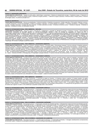 48       DIÁRIO OFICIAL No 3.621                                     Ano XXIV - Estado do Tocantins, sexta-feira, 04 de maio de 2012
CARGO 37: ENGENHEIRO SANITARISTA
CONHECIMENTOS ESPECÍFICOS:




CARGO 38: ESTATÍSTICO
CONHECIMENTOS ESPECÍFICOS:




CARGO 39: EXTENSIONISTA RURAL: ÁREA AMBIENTAL – BIÓLOGO
CONHECIMENTOS ESPECÍFICOS:




CARGO 40: EXTENSIONISTA RURAL: ÁREA AMBIENTAL – ENGENHEIRO AMBIENTAL
CONHECIMENTOS ESPECÍFICOS:




CARGO 41: EXTENSIONISTA RURAL: ÁREA AMBIENTAL – ENGENHEIRO FLORESTAL
CONHECIMENTOS ESPECÍFICOS:



inventário piloto, processos de amostragem, planejamento de invent




ambiental, zoneamento ambiental, avaliação de impacto ambiental. 11 Elaboração e avaliação de projetos: seleção de projetos para investimento, elaboração e conteúdo básico



CARGO 42: EXTENSIONISTA RURAL: ÁREA AMBIENTAL – GEÓGRAFO
CONHECIMENTOS ESPECÍFICOS:




CARGO 43: EXTENSIONISTA RURAL: ÁREA ECONÔMICA – ENGENHEIRO AGRÍCOLA
CONHECIMENTOS ESPECÍFICOS:




CARGO 44: EXTENSIONISTA RURAL: ÁREA ECONÔMICA – ENGENHEIRO AGRÔNOMO
CONHECIMENTOS ESPECÍFICOS:




CARGO 45: EXTENSIONISTA RURAL: ÁREA ECONÔMICA – ENGENHEIRO DE ALIMENTOS
CONHECIMENTOS ESPECÍFICOS:
 
