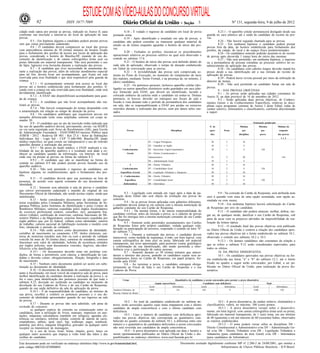 ESTUDE COM AS VÍDEO-AULAS DO CONCURSO VIRTUAL
              92                       ISSN 1677-7069                                                                                                      3                               Nº 131, segunda-feira, 9 de julho de 2012

cidade onde optou por prestar as provas, indicado no Anexo II, para                   8.18 - É vedado o ingresso de candidato em local de prova                             8.23.1 - O aparelho celular permanecerá desligado desde sua
confirmar sua inscrição e inteirar-se do local de aplicação de suas          portando arma.                                                                       guarda no saco plástico até a saída do candidato do recinto de pro-
provas.                                                                               8.19 - Após identificado e instalado em sala de provas, o                   vas.
          8.5 - Em hipótese alguma o candidato poderá prestar provas         candidato não poderá consultar ou manusear qualquer material de                                8.24 - Não haverá segunda chamada para as provas.
sem que esteja previamente cadastrado.                                       estudo ou de leitura enquanto aguardar o horário de início das pro-                            8.25 - Em nenhuma hipótese o candidato poderá prestar
          8.6 - O candidato deverá comparecer ao local das provas            vas.                                                                                 provas fora da data, do horário estabelecido para fechamento dos
com antecedência mínima de 30 (trinta) minutos do horário fixado                                                                                                  portões, da cidade, do local e do espaço físico predeterminados.
para o fechamento dos portões de acesso aos locais de aplicação das                   8.20 - Fechados os portões, iniciam-se os procedimentos                               8.26 - Os candidatos somente poderão ausentar-se do recinto
provas, considerado o horário de Brasília-DF, munido de seu do-              operacionais relativos ao processo seletivo no qual será observado o                 de provas após decorrida 1 (uma) hora do início das mesmas.
cumento de identificação e de caneta esferográfica (tinta azul ou            contido no subitem 17.6.                                                                       8.27 - Não será permitido, em nenhuma hipótese, o ingresso
preta) fabricada em material transparente. Não será permitido o uso                   8.21 - O horário de início das provas será definido dentro de               ou a permanência de pessoas estranhas ao processo seletivo no es-
de lápis, lapiseira e/ou borracha durante a realização das provas.           cada sala de aplicação, observado o tempo de duração estabelecido                    tabelecimento de aplicação das provas.
          8.7 - A candidata que tiver necessidade de amamentar du-           em Edital de convocação para as provas.                                                        8.28 - Os candidatos com cabelos longos deverão mantê-los
rante a realização das provas, além de solicitar atendimento especial                 8.22 - A inviolabilidade das provas será comprovada so-                     presos desde a sua identificação até a sua retirada do recinto de
para tal fim, deverá levar um acompanhante, que ficará em sala               mente no Posto de Execução, no momento do rompimento do lacre                        aplicação de provas.
reservada para essa finalidade e que será responsável pela guarda da         dos malotes, mediante Termo Formal, e na presença de, no mínimo, 2                             8.29 - Poderá haver revista pessoal por meio da utilização de
criança.                                                                     (dois) candidatos.                                                                   detector de metais.
          8.7.1 - O acompanhante somente terá acesso ao local das                                                                                                           8.30 - Não será permitido ao candidato fumar em sala de
provas até o horário estabelecido para fechamento dos portões, fi-                    8.23 - Os pertences pessoais, inclusive aparelho celular (des-
                                                                             ligado) ou outros aparelhos eletrônicos serão guardados em saco plás-                provas.
cando com a criança em sala reservada para essa finalidade, onde será                                                                                                       9 - DAS PROVAS OBJETIVAS
devidamente identificado.                                                    tico fornecido pela ESAF, que deverá ser identificado, lacrado e                               9.1 - As provas serão aplicadas nas cidades constantes do
          8.7.2 - A ESAF não disponibilizará acompanhante para guar-         colocado embaixo da carteira onde o candidato irá sentar-se. Demais                  Anexo II, na data provável de 16 de setembro de 2012.
da de criança.                                                               pertences, se houver, deverão ser entregues aos fiscais de sala e                              9.2 - Serão aplicadas duas provas objetivas, de Conheci-
          8.7.3 - A candidata que não levar acompanhante não rea-            ficarão à vista durante todo o período de permanência dos candidatos                 mentos Gerais e de Conhecimentos Específicos, relativas às disci-
lizará as provas.                                                            em sala, não se responsabilizando a ESAF por perdas ou extravios                     plinas cujos programas constam do Anexo I deste Edital, todas de
          8.7.4 - Não haverá compensação do tempo despendido com             ocorridos durante a realização das provas, nem por danos neles cau-                  caráter seletivo, eliminatório e classificatório, conforme discriminado
a amamentação em relação ao tempo de duração da prova.                       sados.                                                                               a seguir:
          8.8 - Os candidatos amblíopes que requererem provas em
tamanho diferenciado terão estas ampliadas somente em corpo ta-
manho 20.
          8.9 - O candidato que no ato da inscrição tenha indicado que                                                                                                                                        Pontuação ponderada
faz uso de aparelho auditivo deverá, previamente, enviar, via SEDEX                                                                                                  N. de                        Mínima               Máxima           Mínima do
ou via carta registrada com Aviso de Recebimento (AR), para Escola                         Provas                                    Disciplinas                     ques-         Pesos            por                 por              conjunto
de Administração Fazendária - ESAF/DIRES/Concurso Público para
                                                                                                                                                                      tões                       disciplina            prova            das provas
ATRFB - 2012 - Rodovia DF 001 - Km 27,4 - Setor de Habitações
Individuais Sul - Lago Sul - CEP 71.686-900, Brasília-DF, laudo                                                                                                                                                                            1e2
médico específico, no qual conste ser indispensável o uso do referido                                      D1 - Língua Portuguesa                                     20             2              16
aparelho durante a realização das provas.                                                      1           D2 - Espanhol ou Inglês                                    10             1               4
          8.9.1 - De posse do laudo médico, a ESAF analisará a via-
                                                                                       Conhecimentos       D3 - Raciocínio Lógico-Quantitativo                        10             1               4                  120
bilidade de uso do aparelho auditivo e o resultado será dado a co-
nhecer ao candidato quando da informação, via Internet, do local                           Gerais          D4 - Direito Constitucional e
onde este irá prestar as provas, na forma do subitem 8.3.                                                  Administrativo                                             25             2              20                                      144
          8.9.2 - O candidato que não se manifestar na forma do                                            D5 - Administração Geral                                   10             1               4
contido no subitem 8.9 não poderá prestar provas fazendo uso de                                2           D6 - Direito Tributário                                    20             2              16
aparelho auditivo.
          8.10 - Não será permitido o ingresso de candidatos, em                       Conhecimentos       D7 - Contabilidade Geral                                   10             2               8                  120
hipótese alguma, no estabelecimento, após o fechamento dos por-                      Específicos (Geral)   D8 - Legislação Tributária e Aduaneira                     30             2              24
tões.                                                                                2 - Conhecimentos     D6 - Direito Tributário                                    20             2              16
          8.11 - O candidato deverá apor sua assinatura na lista de                      Específicos       D7 - Contabilidade Geral                                   10             2               8                  120
presença, de acordo com aquela constante do seu documento de
identidade.                                                                             (Informática)      D8 - Informática                                           30             2              24
          8.12 - Somente será admitido à sala de provas o candidato
que estiver previamente cadastrado e munido do original de seu
Documento Oficial de Identidade, não sendo aceitas cópias, ainda que                  9.3 - Legislação com entrada em vigor após a data de pu-                              9.9 - Na correção do Cartão de Respostas, será atribuída nota
autenticadas.                                                                blicação deste Edital não será objeto de avaliação nas provas do                     zero à questão com mais de uma opção assinalada, sem opção as-
          8.13 - Serão considerados documentos de identidade: car-           concurso.                                                                            sinalada ou com rasura.
teiras expedidas pelos Comandos Militares, pelas Secretarias de Se-                   9.4 - Se as provas forem aplicadas com gabaritos diferentes,
                                                                             o candidato deverá sentar-se em carteira com a mesma numeração de                              9.10 - Em nenhuma hipótese haverá substituição do Cartão
gurança Pública, pelos Institutos de Identificação e pelos Corpos de
Bombeiros Militares; carteiras expedidas pelos órgãos fiscalizadores         gabarito constante do seu Cartão de Respostas.                                       de Respostas por erro do candidato.
de exercício profissional (ordens, conselhos, etc); passaporte bra-                   9.4.1 - Da mesma forma, é de inteira responsabilidade do                              9.11 - O candidato não poderá amassar, molhar, dobrar, ras-
sileiro (válido); certificado de reservista; carteiras funcionais do Mi-     candidato verificar, antes de iniciada a prova, se o caderno de provas               gar ou, de qualquer modo, danificar o seu Cartão de Respostas, sob
nistério Público e da Magistratura; carteiras funcionais expedidas por       que lhe foi entregue tem a mesma numeração constante do seu Cartão
                                                                             de Respostas.                                                                        pena de arcar com os prejuízos advindos da impossibilidade de rea-
órgão público que, por lei federal, valham como identidade; carteira                                                                                              lização da leitura óptica.
de trabalho; carteira nacional de habilitação (somente o modelo com                   9.5 - Somente serão permitidos assinalamentos nos Cartões
foto, obedecido o período de validade).                                      de Respostas feitos pelo próprio candidato, vedada qualquer cola-                              9.12 - O resultado final das provas objetivas será publicado
                                                                             boração ou participação de terceiros, respeitado o contido na letra "b"              no Diário Oficial da União e conterá a relação dos candidatos apro-
          8.14 - Não serão aceitos como documentos de identidade:            do subitem 7.2.
certidões de nascimento ou casamento, CPF, títulos eleitorais, car-                   9.6 - Durante a realização das provas, o candidato deverá                   vados nas provas objetivas até o limite estabelecido no subitem 10.1,
teiras de motorista (modelo sem foto ou com o período de validade            transcrever, como medida de segurança, à mão, em letra legível, com                  observado o contido nos subitens 10.2 e 10.3.
vencido há mais de 30 (trinta) dias), carteiras de estudante, carteiras      caneta esferográfica de tinta azul ou preta, fabricada em material                             9.12.1 - Os demais candidatos não constantes da relação a
funcionais sem valor de identidade, boletins de ocorrência emitidos          transparente, um texto apresentado, para posterior exame grafológico
por órgãos policiais, nem documentos vencidos, ilegíveis, não-iden-                                                                                               que se refere o subitem 9.12 serão considerados reprovados, para
                                                                             e confirmação de sua identificação, não sendo permitida a inter-
tificáveis e/ou danificados.                                                 ferência e/ou a participação de outras pessoas.                                      todos os efeitos.
          8.14.1 - Os documentos deverão estar em perfeitas con-                      9.7 - Somente durante os 30 (trinta) minutos que antece-                              10. DA PROVA DISSERTATIVA
dições, de forma a permitirem, com clareza, a identificação do can-          derem o término das provas, poderão os candidatos copiar seus as-                              10.1 - Os candidatos aprovados nas provas objetivas na for-
didato e deverão conter, obrigatoriamente, filiação, fotografia e data       sinalamentos feitos no Cartão de Respostas, em papel próprio, for-                   ma estabelecida nas letras "a" e "b" do subitem 12.1, até o limite
de nascimento.                                                               necido pela ESAF.
          8.15 - Nenhum outro documento poderá ser aceito em subs-                    9.8 - Ao terminar a prova, o candidato entregará obriga-                    fixado no quadro a seguir serão convocados, por Edital, a ser pu-
tituição ao documento de identidade.                                         toriamente ao Fiscal de Sala o seu Cartão de Respostas e o seu                       blicado no Diário Oficial da União, para realização da prova dis-
          8.16 - O documento de identidade do candidato permanecerá          Caderno de Prova.                                                                    sertativa:
junto à fiscalização, em local visível da respectiva sala de prova, para
melhor identificação do candidato durante a realização da prova e, se
for o caso, para identificação dos pertences pessoais de que trata o                   Cargo                                         Quantitativo de candidatos a serem convocados para prestar a prova dissertativa
subitem 8.23, devendo ser restituído ao candidato no momento da                                                   Ampla concorrência                           Candidatos com deficiência                                      Total
devolução do seu Caderno de Prova e do seu Cartão de Respostas,                                             Geral                Informática                  Geral                Informática                 Geral                   Informática
quando de sua saída definitiva da sala de aplicação da prova.                 Analista-Tributário da        1995                      141                     105                       9                      2100                        150
          8.16.1 - É de responsabilidade do candidato, ao término da
                                                                              Receita Federal do Brasil
sua prova, recolher e conferir os pertences pessoais e o seu do-
cumento de identidade apresentados quando do seu ingresso na sala
de provas.                                                                             10.2 - Ao total de candidatos estabelecido no subitem an-                            10.5 - A prova dissertativa, de caráter seletivo, eliminatório e
          8.17 - Durante as provas não será admitido, sob pena de            terior, serão acrescidos aqueles cujas notas empatarem com o último                  classificatório, valerá, no máximo, 100 (cem) pontos.
exclusão do concurso:                                                        candidato de ampla concorrência e com o último candidato com                                   10.5.1 - A prova dissertativa versará sobre o desenvolvi-
          a) qualquer espécie de consulta ou comunicação entre os                                                                                                 mento, em letra legível, com caneta esferográfica (tinta azul ou preta),
candidatos, nem a utilização de livros, manuais, impressos ou ano-           deficiência.
tações, máquinas calculadoras (também em relógios), agendas ele-                       10.3 - Caso o número de candidatos com deficiência apro-                   fabricada em material transparente, de 1 (um) tema, em um mínimo
trônicas ou similares, telefone celular, controle de alarme de carro,        vados nas provas objetivas não corresponda ao quantitativo esta-                     de 40 (quarenta) e em um máximo de 60 (sessenta) linhas, observados
smartphones, tablets, ipod, mp3, bip, walkman, pager, notebook,              belecido no quadro constante do subitem 10.1, a diferença entre este                 os roteiros estabelecidos.
palmtop, pen drive, máquina fotográfica, gravador ou qualquer outro          número e o quantitativo de candidatos deficientes a serem convocados                           10.5.2 - O tema poderá versar sobre as disciplinas D4 -
receptor ou transmissor de mensagens;                                        não será revertida aos candidatos de ampla concorrência.                             Direito Constitucional e Administrativo e/ou D5 - Administração Ge-
          b) o uso de luvas, boné, boina, chapéu, gorro, lenço ou                      10.4 - A prova dissertativa será aplicada em data e horário a              ral e/ou D6 - Direito Tributário e/ou D8 - Legislação Tributária e
qualquer outro acessório que impeça a visão total das mãos e das             serem oportunamente publicados no Diário Oficial da União e dis-                     Aduaneira (para candidatos da área Geral) e/ou D8 - Informática
orelhas do candidato.                                                        ponibilizados no endereço eletrônico www.esaf.fazenda.gov.br.                        (para candidatos de Informática).

Este documento pode ser verificado no endereço eletrônico http://www.in.gov.br/autenticidade.html,                                            Documento assinado digitalmente conforme MP n o 2.200-2 de 24/08/2001, que institui a
                                                                                                                                                                                              -

pelo código 00032012070900092                                                                                                                                              Infraestrutura de Chaves Públicas Brasileira - ICP-Brasil.
 