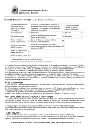 Av. Tancredo Neves, n° 776, Bloco-A, Caminho das Árvores, CEP 41.820-904, Salvador - Bahia, Brasil, Tel.: (71) 3116 4131.
GOVERNO DO ESTADO DA BAHIA
Secretaria de Turismo
Quadro 01 - Requisitos de Avaliação – Análise Curricular - Nível Superior
Experiência Profissional
compatível com a
descrição da Função
Temporária
Cursos de Aperfeiçoamento: Extensão e
Pós-graduação com até 10 (dez) anos de
realização *, compatíveis com a descrição
da Função Temporária
Curso de Informática
com até 05 (cinco)
anos de realização *
Sem experiência 0 Não Possui 0 Básico** 1,0
Até 06(seis) meses 1,5
Curso de Aperfeiçoamento concluído.
Carga horária de 80h**
0,5 Avançado** 1,5
Acima de 06(seis)
meses a 01(um) ano
3,5
Curso de Extensão concluído. Carga
horária de 80h até 360h**
1,5
Acima de 01(um) ano
até 03(três) anos
4,5
Curso de Pós-graduação concluído e
reconhecido pelo MEC. Carga horária igual
ou acima de 360h**
2,5
Acima de 03(três) anos
até 06(seis) anos
5.5
Acima de 06(seis) anos 6,0
* Contados a partir da data de publicação do edital
** Diferenciados e comprovados através de atestado ou certificado
4. A Análise Curricular terá caráter eliminatório e classificatório. A pontuação máxima obtida na Análise Curricular é
de 10 (dez) pontos para cada Função Temporária e considerar-se-ão habilitados os candidatos com pontuação igual
ou superior a 05 (cinco) pontos, desde que atendidas as exigências dos Capítulos III e IV deste Edital.
5. O candidato não habilitado na Análise Curricular será excluído do Processo Seletivo Simplificado.
6. A Secretaria de Turismo do Estado da Bahia divulgará, no Diário Oficial do Estado, relação contendo apenas os
candidatos habilitados por ordem decrescente de pontuação na Análise Curricular, por Função Temporária.
7. Comprovada, em qualquer tempo, irregularidade ou ilegalidade nos dados curriculares e nos documentos
apresentados e, comprovada a culpa do mesmo, o candidato será excluído do Processo Seletivo Simplificado, sem
prejuízo das medidas penais cabíveis.
VII. DA CLASSIFICAÇÃO
1. Para a Função Temporária de Nível Superior e de Nível Médio a pontuação final dos candidatos habilitados será
igual ao resultado obtido na Analise Curricular.
2. Os candidatos habilitados com pontuação igual ou superior a 05 (cinco) serão classificados em ordem
decrescente da pontuação final, de acordo com o número de vagas da Função Temporária concorrida.
3. Na hipótese de igualdade da nota final, terá preferência o candidato que:
a) tiver a maior idade, considerando dia, mês e ano de nascimento, Lei Federal nº 10.741 de 01/10/2003;
VIII. DA DIVULGAÇÃO DO RESULTADO FINAL E HOMOLOGAÇÃO
1. A Secretaria de Turismo do Estado da Bahia, publicará o Resultado Final e a Homologação do Processo Seletivo
Simplificado, no Diário Oficial do Estado da Bahia, contendo a relação dos candidatos habilitados em ordem
decrescente de pontuação final, por Função Temporária e de acordo com a opção declarada no ato da inscrição.
2. Nas publicações das listagens de todos os resultados do Processo Seletivo Simplificado constarão:
a) os candidatos habilitados em ordem de classificação final, com a nota final, por Função Temporária de acordo
com a opção declarada no ato da inscrição;
IX. DOS RECURSOS
1. Será admitido recurso quanto ao resultado da Análise Curricular do Processo Seletivo Simplificado.
2. O prazo para interposição de recurso será de 02 (dois) dias úteis após a publicação do resultado da referida
etapa no Diário Oficial do Estado tendo como termo inicial o 1º dia útil subsequente à data do evento.
 