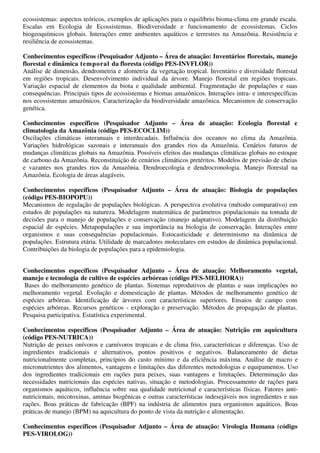 ecossistemas: aspectos teóricos, exemplos de aplicações para o equilíbrio bioma-clima em grande escala.
Escalas em Ecologia de Ecossistemas. Biodiversidade e funcionamento de ecossistemas. Ciclos
biogeoquímicos globais. Interações entre ambientes aquáticos e terrestres na Amazônia. Resistência e
resiliência de ecossistemas.

Conhecimentos específicos (Pesquisador Adjunto – Área de atuação: Inventários florestais, manejo
florestal e dinâmica temporal da floresta (código PES-INVFLOR))
Análise de dimensão, dendrometria e alometria da vegetação tropical. Inventário e diversidade florestal
em regiões tropicais. Desenvolvimento individual da árvore. Manejo florestal em regiões tropicais.
Variação espacial de elementos da biota e qualidade ambiental. Fragmentação de populações e suas
consequências. Principais tipos de ecossistemas e biomas amazônicos. Interações intra- e interespecíficas
nos ecossistemas amazônicos. Caracterização da biodiversidade amazônica. Mecanismos de conservação
genética.

Conhecimentos específicos (Pesquisador Adjunto – Área de atuação: Ecologia florestal e
climatologia da Amazônia (código PES-ECOCLIM))
Oscilações climáticas interanuais e interdecadais. Influência dos oceanos no clima da Amazônia.
Variações hidrológicas sazonais e interanuais dos grandes rios da Amazônia. Cenários futuros de
mudanças climáticas globais na Amazônia. Possíveis efeitos das mudanças climáticas globais no estoque
de carbono da Amazônia. Reconstituição de cenários climáticos pretéritos. Modelos de previsão de cheias
e vazantes nos grandes rios da Amazônia. Dendroecologia e dendrocronologia. Manejo florestal na
Amazônia. Ecologia de áreas alagáveis.

Conhecimentos específicos (Pesquisador Adjunto – Área de atuação: Biologia de populações
(código PES-BIOPOPU))
Mecanismos de regulação de populações biológicas. A perspectiva evolutiva (método comparativo) em
estudos de populações na natureza. Modelagem matemática de parâmetros populacionais na tomada de
decisões para o manejo de populações e conservação (manejo adaptativo). Modelagem da distribuição
espacial de espécies. Metapopulações e sua importância na biologia de conservação. Interações entre
organismos e suas consequências populacionais. Estocasticidade e determinismo na dinâmica de
populações. Estrutura etária. Utilidade de marcadores moleculares em estudos de dinâmica populacional.
Contribuições da biologia de populações para a epidemiologia.


Conhecimentos específicos (Pesquisador Adjunto – Área de atuação: Melhoramento vegetal,
manejo e tecnologia de cultivo de espécies arbóreas (código PES-MELHORA))
 Bases do melhoramento genético de plantas. Sistemas reprodutivos de plantas e suas implicações no
melhoramento vegetal. Evolução e domesticação de plantas. Métodos de melhoramento genético de
espécies arbóreas. Identificação de árvores com características superiores. Ensaios de campo com
espécies arbóreas. Recursos genéticos - exploração e preservação. Métodos de propagação de plantas.
Pesquisa participativa. Estatística experimental.

Conhecimentos específicos (Pesquisador Adjunto – Área de atuação: Nutrição em aquicultura
(código PES-NUTRICA))
Nutrição de peixes onívoros e carnívoros tropicais e de clima frio, características e diferenças. Uso de
ingredientes tradicionais e alternativos, pontos positivos e negativos. Balanceamento de dietas
nutricionalmente completas, princípios do custo mínimo e da eficiência máxima. Análise de macro e
micronutrientes dos alimentos, vantagens e limitações das diferentes metodologias e equipamentos. Uso
dos ingredientes tradicionais em rações para peixes, suas vantagens e limitações. Determinação das
necessidades nutricionais das espécies nativas, situação e metodologias. Processamento de rações para
organismos aquáticos, influência sobre sua qualidade nutricional e características físicas. Fatores anti-
nutricionais, micotoxinas, aminas biogênicas e outras características indesejáveis nos ingredientes e nas
rações. Boas práticas de fabricação (BPF) na indústria de alimentos para organismos aquáticos. Boas
práticas de manejo (BPM) na aquicultura do ponto de vista da nutrição e alimentação.

Conhecimentos específicos (Pesquisador Adjunto – Área de atuação: Virologia Humana (código
PES-VIROLOG))
 