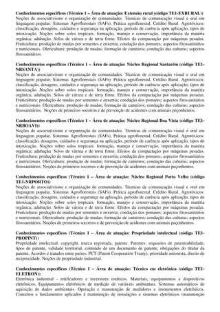 Conhecimentos específicos (Técnico 1 – Área de atuação: Extensão rural (código TE1-EXRURAL))
Noções de associativismo e organização de comunidades. Técnicas de comunicação visual e oral em
linguagem popular. Sistemas Agroflorestais (SAFs). Prática agroflorestal. Crédito Rural. Agrotóxicos:
classificação, dosagens, cuidados e segurança na aplicação, período de carência após aplicação, tipos de
intoxicação. Noções sobre solos tropicais: formação, manejo e conservação, importância da matéria
orgânica; adubação. Solos de várzea e de terra firme. Efeitos da compactação por máquinas pesadas.
Fruticultura: produção de mudas por sementes e enxertia; condução dos pomares; aspectos fitossanitários
e nutricionais. Olericultura: produção de mudas; formação de canteiros; condução das culturas; aspectos
fitossanitários.

Conhecimentos específicos (Técnico 1 – Área de atuação: Núcleo Regional Santarém (código TE1-
NRSANTA))
Noções de associativismo e organização de comunidades. Técnicas de comunicação visual e oral em
linguagem popular. Sistemas Agroflorestais (SAFs). Prática agroflorestal. Crédito Rural. Agrotóxicos:
classificação, dosagens, cuidados e segurança na aplicação, período de carência após aplicação, tipos de
intoxicação. Noções sobre solos tropicais: formação, manejo e conservação, importância da matéria
orgânica; adubação. Solos de várzea e de terra firme. Efeitos da compactação por máquinas pesadas.
Fruticultura: produção de mudas por sementes e enxertia; condução dos pomares; aspectos fitossanitários
e nutricionais. Olericultura: produção de mudas; formação de canteiros; condução das culturas; aspectos
fitossanitários. Noções de primeiros socorros e de prevenção de acidentes com animais peçonhentos.

Conhecimentos específicos (Técnico 1 – Área de atuação: Núcleo Regional Boa Vista (código TE1-
NRBOAVI))
Noções de associativismo e organização de comunidades. Técnicas de comunicação visual e oral em
linguagem popular. Sistemas Agroflorestais (SAFs). Prática agroflorestal. Crédito Rural. Agrotóxicos:
classificação, dosagens, cuidados e segurança na aplicação, período de carência após aplicação, tipos de
intoxicação. Noções sobre solos tropicais: formação, manejo e conservação, importância da matéria
orgânica; adubação. Solos de várzea e de terra firme. Efeitos da compactação por máquinas pesadas.
Fruticultura: produção de mudas por sementes e enxertia; condução dos pomares; aspectos fitossanitários
e nutricionais. Olericultura: produção de mudas; formação de canteiros; condução das culturas; aspectos
fitossanitários. Noções de primeiros socorros e de prevenção de acidentes com animais peçonhentos.

Conhecimentos específicos (Técnico 1 – Área de atuação: Núcleo Regional Porto Velho (código
TE1-NRPORTO))
Noções de associativismo e organização de comunidades. Técnicas de comunicação visual e oral em
linguagem popular. Sistemas Agroflorestais (SAFs). Prática agroflorestal. Crédito Rural. Agrotóxicos:
classificação, dosagens, cuidados e segurança na aplicação, período de carência após aplicação, tipos de
intoxicação. Noções sobre solos tropicais: formação, manejo e conservação, importância da matéria
orgânica; adubação. Solos de várzea e de terra firme. Efeitos da compactação por máquinas pesadas.
Fruticultura: produção de mudas por sementes e enxertia; condução dos pomares; aspectos fitossanitários
e nutricionais. Olericultura: produção de mudas; formação de canteiros; condução das culturas; aspectos
fitossanitários. Noções de primeiros socorros e de prevenção de acidentes com animais peçonhentos.

Conhecimentos específicos (Técnico 1 – Área de atuação: Propriedade intelectual (código TE1-
PROPINT))
Propriedade intelectual: copyright, marca registrada, patente. Patentes: requisitos de patenteabilidade,
tipos de patente, validade territorial, conteúdo de um documento de patente, obrigações do títular da
patente. Acordos e tratados entre países: PCT (Patent Cooperation Treaty), prioridade unionista, direito de
reciprocidade. Noções de propriedade industrial.

Conhecimentos específicos (Técnico 1 – Área de atuação: Técnico em eletrônica (código TE1-
ELETRON))
Eletrônica industrial - retificadores e inversores estáticos. Materiais, equipamentos e dispositivos
eletrônicos. Equipamentos eletrônicos de medição de variáveis ambientais. Sistemas automáticos de
aquisição de dados ambientais. Operação e manutenção de medidores e instrumentos eletrônicos.
Conceitos e fundamentos aplicados à manutenção de instalações e sistemas eletrônicos (manutenção
 