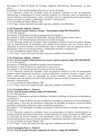 Pré-requisito 2: Título de Doutor em Virologia, Medicina, Microbiologia, Biotecnologia, ou áreas
afins; e
Pré-requisito 3: Ter realizado pesquisa relevante em sua área de atuação.
2.1.9.3. Descrição sumária das atividades: Atuar em pesquisas científicas na área de diagnóstico,
epidemiologia e etiopatogenia de viroses humanas incidentes na Amazônia; atuar na capacitação de
recursos humanos, com treinamentos, aulas e orientações; atuar em captação de recursos para pesquisa;
atuar na execução de projetos e colaborações nacionais e internacionais.
2.1.9.4. Localidade de lotação: Manaus, AM.
2.1.9.5. Vaga: 1 (uma), não sendo reservadas vagas para candidatos com deficiência.

2.1.10. Pesquisador Adjunto – Padrão 1
2.1.10.1. Área de atuação: Malária e Dengue – Entomologia (código PES-MALDENG)
2.1.10.2. Pré-requisitos:
Pré-requisito 1: Graduação concluída em qualquer área de formação; e
Pré-requisito 2: Título de Doutor em Entomologia, Biologia, Biotecnologia ou áreas afins; e
Pré-requisito 3: Ter realizado pesquisa relevante em sua área de atuação.
2.1.10.3. Descrição sumária das atividades: Atuar em pesquisas científicas na área de malária e dengue;
atuar no desenvolvimento de bioprodutos para controle dessas doenças e/ou seus vetores; atuar na
capacitação de recursos humanos, com treinamentos, aulas e orientações; atuar em captação de recursos
para pesquisa; atuar na execução de projetos e colaborações nacionais e internacionais.
2.1.10.4. Localidade de lotação: Manaus, AM.
2.1.10.5. Vaga: 1 (uma), não sendo reservadas vagas para candidatos com deficiência.

2.1.11. Pesquisador Adjunto – Padrão 1
2.1.11.1. Área de atuação: Melhoramento de recursos vegetais tropicais (código PES-MELHOTR)
2.1.11.2. Pré-requisitos:
Pré-requisito 1: Graduação concluída em qualquer área de formação; e
Pré-requisito 2: Título de Doutor em Agronomia ou áreas afins; e
Pré-requisito 3: Ter realizado pesquisa relevante em sua área de atuação.
2.1.11.3. Descrição sumária das atividades: Atuar em pesquisas científicas na área de melhoramento
genético vegetal voltado para resistência a estresses ambientais, resistência a doenças e pragas e para
cultivo agroecológico; atuar na capacitação de recursos humanos, com treinamentos, aulas e
orientações; atuar em captação de recursos para pesquisa; atuar na execução de projetos e colaborações
nacionais e internacionais.
2.1.11.4. Localidade de lotação: Manaus, AM.
2.1.11.5. Vaga: 1 (uma), não sendo reservadas vagas para candidatos com deficiência.

2.1.12. Tecnologista Pleno 1 – Padrão 1
2.1.12.1. Área de atuação: Biotério (código TP1-BIOTERI)
2.1.12.2. Pré-requisitos:
Pré-requisito 1: Graduação concluída em Medicina Veterinária ou Biologia ou Zootecnia ou Biomedicina
ou Farmácia; e
Pré-requisito 2: Título de Mestre nas áreas de Medicina Veterinária ou Zootecnia ou Ciências Biológicas;
ou pelo menos 3 (três) anos de experiência comprovada em atividades de pesquisa e desenvolvimento
tecnológico relacionadas a Bioterismo, após a conclusão da graduação; e
Pré-requisito 3: Ter participado de projetos de pesquisa e desenvolvimento tecnológico relacionadas a
Bioterismo.
2.1.12.3. Descrição sumária das atividades: Atuar em gerenciamento de biotério, desenvolvimento de
pesquisa científica relacionada ao Bioterismo; atender demandas dos grupos de pesquisa do INPA; atuar
na capacitação de recursos humanos, com treinamentos, aulas e orientações; atuar em captação de
recursos para pesquisa; atuar na execução de projetos e colaborações nacionais e internacionais.
2.1.12.4. Localidade de lotação: Manaus, AM.
2.1.12.5. Vagas: 1 (uma), não sendo reservadas vagas para candidatos com deficiência.

2.1.13. Tecnologista Pleno 1 – Padrão 1
2.1.13.1. Área de atuação: Desenho e adaptação de software (código TP1-DESSOFT)
 