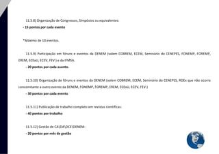32 
11.5.8) Organização de Congressos, Simpósios ou equivalentes: 
- 15 pontos por cada evento 
*Máximo de 10 eventos. 
11.5.9) Participação em fóruns e eventos da DENEM (valem COBREM, ECEM, Seminário do CENEPES, FONEMP, FOREMP, EREM, ECExU, ECEV, FEV ) e da IFMSA. 
- 20 pontos por cada evento. 
11.5.10) Organização de fóruns e eventos da DENEM (valem COBREM, ECEM, Seminário do CENEPES, ROEx que não ocorra concomitante a outro evento da DENEM, FONEMP, FOREMP, EREM, ECExU, ECEV, FEV.) 
- 30 pontos por cada evento 
11.5.11) Publicação de trabalho completo em revistas científicas: 
- 40 pontos por trabalho 
11.5.12) Gestão de CADADCEDENEM: 
- 20 pontos por mês de gestão  