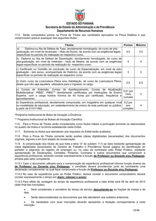 ESTADO DO PARANÁ
                           Secretaria de Estado da Administração e da Previdência
                                    Departamento de Recursos Humanos
11.5. Serão computados pontos na Prova de Títulos aos candidatos aprovados na Prova Didática e que
comprovarem possuir quaisquer dos seguintes títulos:

                                           Títulos                                       Pontos        Máximo
 a)     Diploma ou Ata de Defesa de Tese, devidamente homologada, de curso de pós-
 graduação, em nível de doutorado – título de Doutor, de acordo com as exigências legais   4,5           4,5
 específicas no período de realização do respectivo curso.
 b) Diploma ou Ata de Defesa de Dissertação, devidamente homologada, de curso de
 pós-graduação, em nível de mestrado - título de Mestre, de acordo com as exigências        4                4
 legais específicas no período de realização do respectivo curso.
 c) Certificado ou Certidão de conclusão de curso de Especialização, em nível de pós-
 graduação - lato sensu, acompanhada de Histórico, de acordo com as exigências legais        3               3
 específicas no período de realização do respectivo curso.

 d) Outro curso de Licenciatura Plena e/ou Habilitação, de curso de Licenciatura Plena,
                                                                                            2,5          2,5
 desde que não seja aquele/a utilizado/a para o ingresso no cargo.

 e) Cursos de Extensão, Cursos de Aperfeiçoamento, Cursos de Atualização
                                                                                          0,01 por
 Multidisciplinar, PIBID*, PIBIC** devidamente certificados por Instituições de Ensino
                                                                                            hora             2
 Superior, com a carga horária mínima de 40 horas por certificado, frequência e
                                                                                          cursada
 aproveitamento.
 d) Experiência profissional, devidamente comprovada, em magistério em qualquer nível      0,2 por
 ou modalidade de educação, em estabelecimento de ensino da rede particular ou pública,      ano             4
 a partir de 01/01/1992.                                                                  completo

*Programa Institucional de Bolsa de Iniciação à Docência.
** Programa Institucional de Bolsas de Iniciação Científica.
11.6. Para a Prova de Títulos serão considerados como títulos hábeis à pontuação somente os relacionados
no quadro de títulos e na forma estabelecida neste Edital.
11.7.   Somente os títulos que atenderem aos requisitos do Edital serão avaliados.
11.8. Para a Prova de Títulos somente serão aceitas cópias digitalizadas (escaneadas) dos documentos
originais, legíveis e em bom estado de conservação.
11.9. A comprovação dos títulos de que trata a letra “d” do subitem 11.5 se dará mediante apresentação de
cópia digitalizada (escaneada) de Carteira de Trabalho e Previdência Social (página de identificação do
portador e página(s) do registro de emprego) ou, no caso de contratado pelo Poder Público, mediante
apresentação de Declarações, Certidões, Portarias, Contratos e outros documentos que comprovem a
experiência profissional, devendo constar expressamente a função de Professor ou Docente e/ou Pedagogo,
emitida pelo setor competente.
11.9.1 Caso o documento utilizado para a comprovação da experiência profissional informe função diversa da
de Professor ou Docente e/ou Pedagogo, o candidato deverá providenciar junto ao contratante uma
declaração complementar na qual fique comprovada a função de Professor ou Docente e/ou Pedagogo.
11.9.2 No caso de experiência junto ao Poder Público, deverá constar o documento comprobatório deverá
constar expressamente o tempo em dia(s), mês(es) e ano(s).
11.9.3 Para efeito de contagem do tempo de experiência profissional a data limite será 09 de abril de 2013
(data final das inscrições).
             Será considerado o somatório do tempo de serviço descartando-se as frações de meses e de
        dias.
             Serão desconsiderados os documentos que não atenderem aos subitens anteriores.
              Os candidatos com duas inscrições deverão apresentar a titulação correspondente a cada
        inscrição.
                                                                                                     13/36
 