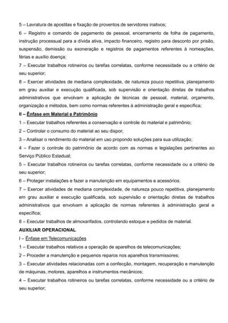 5 – Lavratura de apostilas e fixação de proventos de servidores inativos;
6 – Registro e comando de pagamento de pessoal, encerramento de folha de pagamento,
instrução processual para a dívida ativa, impacto financeiro, registro para desconto por prisão,
suspensão, demissão ou exoneração e registros de pagamentos referentes à nomeações,
férias e auxílio doença;
7 – Executar trabalhos rotineiros ou tarefas correlatas, conforme necessidade ou a critério de
seu superior;
8 – Exercer atividades de mediana complexidade, de natureza pouco repetitiva, planejamento
em grau auxiliar e execução qualificada, sob supervisão e orientação diretas de trabalhos
administrativos que envolvam a aplicação de técnicas de pessoal, material, orçamento,
organização e métodos, bem como normas referentes à administração geral e específica;
II – Ênfase em Material e Patrimônio
1 – Executar trabalhos referentes a conservação e controle do material e patrimônio;
2 – Controlar o consumo do material ao seu dispor;
3 – Analisar o rendimento do material em uso propondo soluções para sua utilização;
4 – Fazer o controle do patrimônio de acordo com as normas e legislações pertinentes ao
Serviço Público Estadual;
5 – Executar trabalhos rotineiros ou tarefas correlatas, conforme necessidade ou a critério de
seu superior;
6 – Proteger instalações e fazer a manutenção em equipamentos e acessórios;
7 – Exercer atividades de mediana complexidade, de natureza pouco repetitiva, planejamento
em grau auxiliar e execução qualificada, sob supervisão e orientação diretas de trabalhos
administrativos que envolvam a aplicação de normas referentes à administração geral e
específica;
8 – Executar trabalhos de almoxarifados, controlando estoque e pedidos de material.
AUXILIAR OPERACIONAL
I – Ênfase em Telecomunicações
1 – Executar trabalhos relativos a operação de aparelhos de telecomunicações;
2 – Proceder a manutenção e pequenos reparos nos aparelhos transmissores;
3 – Executar atividades relacionadas com a confecção, montagem, recuperação e manutenção
de máquinas, motores, aparelhos e instrumentos mecânicos;
4 – Executar trabalhos rotineiros ou tarefas correlatas, conforme necessidade ou a critério de
seu superior;
 