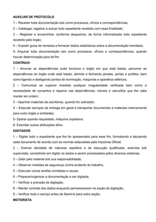 AUXILIAR DE PROTOCOLO
1 – Receber toda documentação tais como processos, ofícios e correspondências;
2 – Catalogar, registrar a autuar todo expediente recebido com essa finalidade;
3 – Registrar e encaminhar, conforme despachos, de forma informatizada todo expediente
recebido pelo órgão;
4 – Expedir guias de remessa e fornecer dados estatísticos sobre a documentação tramitada;
5- Arquivar toda documentação tais como processos, ofícios e correspondências, quando
houver determinação para tal fim.
CONTÍNUO
1 – Arrumar as dependências onde funciona o órgão em que está lotado, percorrer as
dependências do órgão onde está lotado, abrindo e fechando janelas, portas e portões, bem
como ligando e desligando pontos de iluminação, máquinas e aparelhos elétricos;
2 – Comunicar ao superior imediato qualquer irregularidade verificada bem como a
necessidade de consertos e reparos nas dependências, móveis e utensílios que lhe cabe
manter em ordem;
3 – Apanhar materiais de escritórios, quando for solicitado;
4 – Executar serviços de entrega em geral e transportar documentos e materiais internamente
para outro órgão e entidades;
5- Operar quando requisitado, máquina copiadora;
6- Exercitar outras atribuições afins.
DIGITADOR
1 – Digitar todo o expediente que lhe for apresentado para esse fim, formatando e tabulando
cada documento de acordo com as normas estipuladas pela Imprensa Oficial;
2 – Exercer atividade de natureza repetitiva e de execução qualificada, exercida sob
supervisão, consistindo em digitar os dados a serem processados pelos diversos sistemas;
3 – Zelar pelo material sob sua responsabilidade;
4 – Observar medidas de segurança contra acidente de trabalho;
5 – Executar outras tarefas correlatas e usuais;
6 – Preparar/organizar a documentação a ser digitada;
7 – Verificar a precisão da digitação;
8 – Manter controle dos dados enquanto permanecerem na seção de digitação;
9 – Verificar todo o serviço antes de liberá-lo para outra seção;
MOTORISTA
 