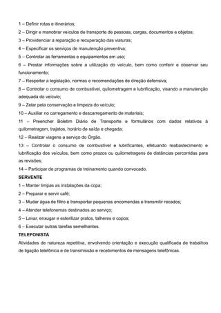 1 – Definir rotas e itinerários;
2 – Dirigir e manobrar veículos de transporte de pessoas, cargas, documentos e objetos;
3 – Providenciar a reparação e recuperação das viaturas;
4 – Especificar os serviços de manutenção preventiva;
5 – Controlar as ferramentas e equipamentos em uso;
6 – Prestar informações sobre a utilização do veículo, bem como conferir e observar seu
funcionamento;
7 – Respeitar a legislação, normas e recomendações de direção defensiva;
8 – Controlar o consumo de combustível, quilometragem e lubrificação, visando a manutenção
adequada do veículo;
9 – Zelar pela conservação e limpeza do veículo;
10 – Auxiliar no carregamento e descarregamento de materiais;
11 – Preencher Boletim Diário de Transporte e formulários com dados relativos à
quilometragem, trajetos, horário de saída e chegada;
12 – Realizar viagens a serviço do Órgão.
13 – Controlar o consumo de combustível e lubrificantes, efetuando reabastecimento e
lubrificação dos veículos, bem como prazos ou quilometragens de distâncias percorridas para
as revisões;
14 – Participar de programas de treinamento quando convocado.
SERVENTE
1 – Manter limpas as instalações da copa;
2 – Preparar e servir café;
3 – Mudar água de filtro e transportar pequenas encomendas e transmitir recados;
4 – Atender telefonemas destinados ao serviço;
5 – Lavar, enxugar e esterilizar pratos, talheres e copos;
6 – Executar outras tarefas semelhantes.
TELEFONISTA
Atividades de natureza repetitiva, envolvendo orientação e execução qualificada de trabalhos
de ligação telefônica e de transmissão e recebimentos de mensagens telefônicas.
 