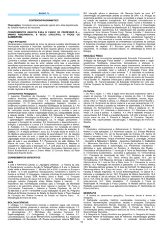 18
ANEXO IV
CONTEÚDO PROGRAMÁTICO
Observações: Considerar-se-á a legislação vigente até a data da publicação
do Edital de Abertura de Inscrições.
CONHECIMENTOS BÁSICOS PARA O CARGO DE PROFESSOR B –
ENSINO FUNDAMENTAL E MÉDIO (APLICÁVEL A TODOS OS
CANDIDATOS)
Língua Portuguesa
Compreensão e interpretação de textos de gêneros variados: identificação de
informações explícitas e implícitas; significado de palavras e expressões;
distinção entre fato e opinião; tema do texto. Suporte, gênero e enunciador do
texto; função sociocomunicativa de um gênero textual; Interpretação com o
auxílio de material gráfico diverso; textos de diferentes gêneros. Relação entre
textos: diferentes formas de tratar uma informação; posições distintas entre
duas ou mais opiniões relativas ao mesmo fato ou tema; intertextualidade.
Coerência e coesão referencial e sequencial: relações entre as partes do
texto; identificação da tese do texto; relação entre tese e argumentos;
estratégias argumentativas; partes principais e secundárias no texto; relações
de sentido entre recursos verbais e não verbais. relação causa/consequência
entre partes e elementos do texto; relações lógico-discursivas presentes no
texto, marcadas por conjunções, advérbios, etc. Relações entre recursos
expressivos e efeitos de sentido: efeitos de ironia ou humor em textos
variados; efeito de sentido decorrente do uso da pontuação e de outras
notações, da escolha de uma determinada palavra ou expressão; exploração
de recursos ortográficos, morfossintáticos e estilísticos. Variação linguística:
marcas linguísticas que evidenciam o locutor e o interlocutor do texto; marcas
linguísticas ou situações de uso que singularizam as variedades linguísticas
sociais, regionais e de registro.
Conhecimentos Pedagógicos
1. Aspectos Filosóficos da Educação: 1.1. O pensamento pedagógico
moderno: iluminista, positivista, socialista, escolanovista, fenomenológico-
existencialista, antiautoritário, crítico. 1.2. Tendências atuais: liberais e
progressistas. 1.3. O pensamento pedagógico brasileiro: correntes e
tendências na prática escolar; 2. Aspectos Sociológicos da Educação: 2.1. As
bases sociológicas da Educação, 2.2. A Educação como processo social, 2.3.
As instituições sociais básicas, 2.4.Educação para o controle e para a
transformação social, cultura e organização social, 2.5. Desigualdades sociais,
a relação escola / família / comunidade. 2.6. Educação e Sociedade no
Brasil.3. Aspectos Psicológicos da Educação: 3.1. A relação desenvolvimento
/ aprendizagem: diferentes abordagens; 3.2. A relação pensamento /
linguagem a formação de conceitos; 3.3. Crescimento e desenvolvimento: o
biológico, o psicológico e o social. 3.4. O desenvolvimento cognitivo e afetivo;
4. Avaliação: 4.1.. A avaliação como processo; 4.2. Avaliação do sistema
educacional, avaliação institucional e o uso dos resultados da avaliação. 5.
Didática; 5.1. A relação professor / aluno; 5.2. A função social do ensino; 5.3.
Os objetivos educacionais, os conteúdos de aprendizagem; 5.4. As relações
interativas em sala de aula; o papel dos professores e dos alunos; 5.5.
Organização social da classe; os direitos da criança e do adolescente; 5.6. A
sala de aula e sua pluralidade; 5.7. Planejamento da ação didática: 5.8.
Planos de curso, Aula e ensino. 6. Diretrizes, Parâmetros, Medidas e
Dispositivos Legais para a Educação: 6.1. A LDB atual, 6.2. O Estatuto da
Criança e do Adolescente; 6.3. As Diretrizes Curriculares Nacionais para o
Ensino Fundamental e para o Ensino Médio. O Currículo Básico da Rede
Estadual do Espírito Santo.
CONHECIMENTOS ESPECÍFICOS
ARTE
1. Arte e Patrimônio Cultural. 2. Linguagens artísticas. 3. História da arte.
4. Teoria da arte: conceito e função. 5. Estética/Poética. 6. A arte no Ocidente:
Idade Média e Renascimento. 7. Séculos XVII e XVIII: o barroco na Europa e
no Brasil. 8. A arte acadêmica: neoclassicismo, romantismo e realismo na
Europa e no Brasil. 9. Linguagens, materiais e técnicas do modernismo à arte
contemporânea: Europa, EUA, América Latina e Brasil. 10. Principais
movimentos artísticos do século XX no Brasil. 11. Tecnologias modernas na
produção artística (Fotografia, Vídeo, Mídias Digitais e Internet). 12.
Importância das manifestações artísticas para a formação da identidade
nacional e do patrimônio artístico local, regional e nacional. 13. Povos e
Comunidades Tradicionais – Saberes e Fazeres Populares. 14. Lei Nº
10.639/2003 e Lei Nº 11.645/2008 e suas implicações na arte; 15. Programa
Estadual de Direitos Humanos do Estado do Espírito Santo e Plano Estadual
de Educação em Direitos Humanos do Estado do Espírito Santo. 16.
Metodologia de ensino de artes.
BIOLOGIA/CIÊNCIAS
1. Citologia. 1.1. Componentes minerais e orgânicos (água, sais minerais,
carboidratos, lipídios, proteínas e vitaminas, enzimas, ácidos nucléicos). 1.2.
Membrana celular e parede celular. 1.3. Citoplasma. 1.4. Núcleo. 2. Gametas
e gametogênese. 2.1. Morfologia dos gametas humanos. 2.2.
Espermatogênese. 2.3. Ovulogênese. 3. Embriologia. 4. Genética. 4.1.
Conceitos básicos. 4.2. Leis de Mendel (mono e poliibridismo). 4.3. Noções de
probabilidades. 4.4. Genealogia. 4.5. Grupos sanguíneos: sistema ABO; fator
RH. Interação gênica e pleiotropia. 4.6. Herança ligada ao sexo. 4.7.
Determinação de paternidade através da análise de DNA. 4.8. Atuação da
engenharia genética: na cura de doenças, no combate a pragas na lavoura e
na criação de espécies transgênicas. 4.9. Mutações cromossômicas e
gênicas. 4.10. Principais síndromes humanas: Down, Turner e Klinefelter. 5.
Evolução. 5.1. Criacionismo ou fixismo. 5.2 Evolucionismo. 6. Classificação
dos seres vivos: 6.1. Sistemas de classificação. 6.2. Regras de nomenclatura.
6.3. As categorias taxonômicas. 6.4. Classificação dos grandes grupos de
organismos: Vírus, Monera; Protista; Fungi; Plantae; Animália; 7. Anatomia e
fisiologia comparada dos seres vivos (zoologia). 7.1. Reprodução humana.
7.2. Aspectos anatomo-fisiológicos dos sistemas reprodutores masculino e
feminino. 7.3. Ciclo menstrual e controle hormonal no processo. 7.4. Ciclos
biológicos das principais espécies de invertebrados causadores de doenças.
8. Anatomia e fisiologia comparada dos seres vivos. 9. Anatomia e fisiologia
comparada de vegetais. 9.1. Estrutura geral de talófitas, briófitas e
traqueófitas. 10. Ecologia: conceitos básicos. 11. Metodologia do ensino da
Biologia
EDUCAÇÃO FÍSICA
1. A história e as concepções pedagógicasda Educação Física escolar. 2.
Avaliação da Educação Física escolar. 3 . Conhecimentos sobre o corpo
(anatômicos, fisiológicos, bioquímicos, biomecânicos e afetivos). 4.
Conceitos e procedimentos das danças, jogos (cooperativos, recreativos e
competitivos), lutas e ginásticas. 5. A Educação Física como instrumento de
comunicação, expressão, lazer e cultura.6. A Educação Física: ética,
saúde, pluralidade cultural e meio ambiente. 7. A ludicidade no ambiente
escolar. 8. Linguagem corporal e cultura. 9. O plano de aula e suas
aplicações práticas. 10. O esporte como conteúdo de ensino da Educação
Física Escolar. 11. Aspectos críticos para a prática educativa dos esportes
na escola. 12. Transversalização da Educação Ambiental por meio das
Práticas Corporais de Aventura. 13. Metodologia de Ensino da Educação
Física.
FILOSOFIA
1. Do mito à razão. 1.1. Mito e logos como discursos explicativos sobre a
origem do cosmos. 1.2. Características e funções do mito. 1.3. Noções
fundamentais à filosofia nascente: Physis, causalidade, cosmos, logos,
senso crítico. 2. Filosofia e ciência. 2.1. Relação e distinção entre Filosofia e
ciência. 2.2. Surgimento da ciência moderna e as suas características. 2.3.
As ciências humanas: a questão do método e da objetividade. 2.4. Ciência e
Ideologia. 2.5. Conhecimento e linguagem. 3. Ética e cidadania. 3.1. O
campo da moral. 3.2. Liberdade e determinismo. 3.3. Felicidade e dever
moral. 3.4. Ética e política. 4. Estética. 4.1. Arte e realidade: imitação e
representação. 4.2. O belo e a questão do gosto. 4.3. Arte e técnica. 4.4. A
função social da arte. 5. Filosofia e Religião. 6. Conceitos: Sagrado.
Símbolo. Rito. Espiritualidade. Secularização. 7. Metodologia de ensino de
filosofia.
FÍSICA
1. Cinemática Unidimensional e Bidimensional. 2. Dinâmica. 2.1. Leis de
Newton e suas aplicações. 2.2. Movimento angular; 2.3. Energia Mecânica,
Trabalho e Potência; 2.4. Lei de Conservação da Energia; 2.5. Centro de
Massa e Momento Linear; 2.6. Impulso e Conservação do Momento Linear
2.7. Rotação, Rolamento, Torque e Momento Angular; 3. Gravitação Universal
– Conceitos e Aplicações 4. Estática – Conceitos e Aplicações. 5. Ondulatória
5.1. Movimento Harmônico Simples; 5.2. Introdução ao estudo das ondas:
conceito, características e classificação; 5.3. Fenômenos ondulatórios –
definições e suas aplicações na Acústica. 6. Mecânica dos Fluidos –
Fluidostática e Fluidodinâmica. 7. Introdução à Teoria da Relatividade Restrita.
8. Termometria 9.Calorimetria - Conceitos e aplicações; 10. Termodinâmica
10.1. Processos de transmissão do calor; 10.2. Mudança de estado de
agregação da matéria; 10.3. Teoria cinética dos gases; 10.4. Leis da
Termodinâmica; 10.5 Máquinas térmicas e aplicações; 11. Eletrostática 12.
Eletrodinâmica 12.1. Leis de Ohm e Efeito Joule; 12.2. Elementos do circuito
elétrico; 12.3. Associação de resistores e geradores; 12.4. Potencia elétrica;
12.5. Circuitos elétricos simples; 12. 6. Leis de Kirchhoff. 13. Magnetismo 14.
Eletromagnetismo 14.1. Força de Lorentz; 14.2. Lei de Ampère; 14.3. Lei de
Faraday e indução magnética; 15. Ondas Eletromagnéticas. 16. Óptica 16.1.
Natureza e propagação da luz; 16.2. Princípios da Óptica Geométrica; 16.3.
Leis de reflexão e Leis da refração; 16.4. Difração, interferência e polarização
da luz; 16.5. Ótica da visão, instrumentos óticos e aplicações; 16.6. Dualidade
onda-partícula; 16.7. Efeito fotoelétrico. 17. Introdução à Teoria da
Relatividade 18. Introdução à Física Quântica 19. Modelo atômico atual 20.
Radiação, suas interações e suas aplicações tecnológicas. 21. Metodologia de
Ensino da Física.
GEOGRAFIA
1. A história do pensamento geográfico: Conceitos, temas e teorias da
Geografia.
2. Cartografia: conceitos, histórico, coordenadas, movimentos e fusos
horários, representações cartográficas, escalas e projeções; Cartografia
Temática; Sensoriamento Remoto; Sistemas de Informações Geográficas;
Sistema de Posicionamento Global (GPS). 3. Estudo da Terra: 3.1.
Considerações gerais, composição e estrutura da Terra; Tectônica de Placas;
Geomorfologia: Conceitos,
4. A Geografia do Espaço Mundial e sua geopolítica; 5. Geografia do Espaço
Industrial: fatores de localização; tipos de indústrias; Industrialização pioneira
e tardia; As revoluções industriais; A revolução técnico-científica-
 