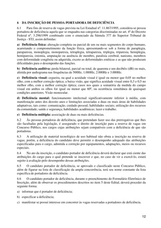 6   DA INSCRIÇÃO DE PESSOA PORTADORA DE DEFICIÊNCIA
6.1     Para fins de reserva de vagas prevista na Lei Estadual nº. 11.867/1995, considera-se pessoa
portadora de deficiência aquela que se enquadra nas categorias discriminadas no art. 4º do Decreto
Federal nº. 3.298/1999 combinado com o enunciado da Súmula 377 do Superior Tribunal de
Justiça - STJ, assim definidas:
a) Deficiência física: alteração completa ou parcial de um ou mais segmentos do corpo humano,
acarretando o comprometimento da função física, apresentando-se sob a forma de paraplegia,
paraparesia, monoplegia, monoparesia, tetraplegia, tetraparesia, triplegia, triparesia, hemiplegia,
hemiparesia, ostomia, amputação ou ausência de membro, paralisia cerebral, nanismo, membros
com deformidade congênita ou adquirida, exceto as deformidades estéticas e as que não produzam
dificuldades para o desempenho das funções.
b) Deficiência auditiva: perda bilateral, parcial ou total, de quarenta e um decibéis (dB) ou mais,
aferida por audiograma nas frequências de 500Hz, 1.000Hz, 2.000Hz e 3.000Hz.
c) Deficiência visual: cegueira, na qual a acuidade visual é igual ou menor que 0,05 no melhor
olho, com a melhor correção óptica; a baixa visão, que significa acuidade visual entre 0,3 e 0,5 no
melhor olho, com a melhor correção óptica; casos nos quais a somatória da medida do campo
visual em ambos os olhos for igual ou menor que 60º, ou ocorrência simultânea de quaisquer
condições anteriores. Visão monocular.
d) Deficiência mental: funcionamento intelectual significativamente inferior à média, com
manifestação antes dos dezoito anos e limitações associadas a duas ou mais áreas de habilidades
adaptativas, tais como: comunicação, cuidado pessoal, habilidades sociais; utilização dos recursos
da comunidade; saúde e segurança; habilidades acadêmicas; lazer e trabalho.
e) Deficiência múltipla: associação de duas ou mais deficiências.
6.2    Às pessoas portadoras de deficiência, que pretendam fazer uso das prerrogativas que lhes
são facultadas pela legislação, é assegurado o direito de inscrição para a reserva de vagas em
Concurso Público, nos cargos cujas atribuições sejam compatíveis com a deficiência de que são
portadoras.
6.3    A utilização de material tecnológico de uso habitual não obsta a inscrição na reserva de
vagas; porém, a deficiência do candidato deve permitir o desempenho adequado das atribuições
especificadas para o cargo, admitida a correção por equipamentos, adaptações, meios ou recursos
especiais.
6.4     No ato da inscrição, o candidato portador de deficiência deverá declarar que está ciente das
atribuições do cargo para o qual pretende se inscrever e que, no caso de vir a exercê-lo, estará
sujeito à avaliação pelo desempenho dessas atribuições.
6.5    O candidato portador de deficiência, se aprovado e classificado neste Concurso Público,
além de figurar na lista de classificação da ampla concorrência, terá seu nome constante da lista
específica de portadores de deficiência.
6.6     O candidato portador de deficiência, durante o preenchimento do Formulário Eletrônico de
Inscrição, além de observar os procedimentos descritos no item 5 deste Edital, deverá proceder da
seguinte forma:
a) informar que é portador de deficiência;
b) especificar a deficiência;
c) manifestar se possui interesse em concorrer às vagas reservadas a portadores de deficiência.



                                                                                                  12
 