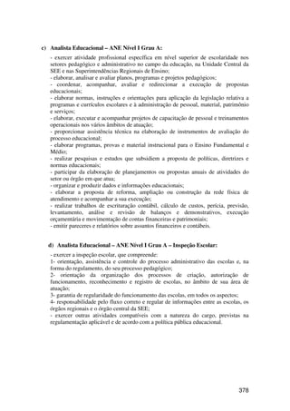 c) Analista Educacional – ANE Nível I Grau A:
   - exercer atividade profissional específica em nível superior de escolaridade nos
   setores pedagógico e administrativo no campo da educação, na Unidade Central da
   SEE e nas Superintendências Regionais de Ensino;
   - elaborar, analisar e avaliar planos, programas e projetos pedagógicos;
   - coordenar, acompanhar, avaliar e redirecionar a execução de propostas
   educacionais;
   - elaborar normas, instruções e orientações para aplicação da legislação relativa a
   programas e currículos escolares e à administração de pessoal, material, patrimônio
   e serviços;
   - elaborar, executar e acompanhar projetos de capacitação de pessoal e treinamentos
   operacionais nos vários âmbitos de atuação;
   - proporcionar assistência técnica na elaboração de instrumentos de avaliação do
   processo educacional;
   - elaborar programas, provas e material instrucional para o Ensino Fundamental e
   Médio;
   - realizar pesquisas e estudos que subsidiem a proposta de políticas, diretrizes e
   normas educacionais;
   - participar da elaboração de planejamentos ou propostas anuais de atividades do
   setor ou órgão em que atua;
   - organizar e produzir dados e informações educacionais;
   - elaborar a proposta de reforma, ampliação ou construção da rede física de
   atendimento e acompanhar a sua execução;
   - realizar trabalhos de escrituração contábil, cálculo de custos, perícia, previsão,
   levantamento, análise e revisão de balanços e demonstrativos, execução
   orçamentária e movimentação de contas financeiras e patrimoniais;
   - emitir pareceres e relatórios sobre assuntos financeiros e contábeis.


  d) Analista Educacional – ANE Nível I Grau A – Inspeção Escolar:
   - exercer a inspeção escolar, que compreende:
   1- orientação, assistência e controle do processo administrativo das escolas e, na
   forma do regulamento, do seu processo pedagógico;
   2- orientação da organização dos processos de criação, autorização de
   funcionamento, reconhecimento e registro de escolas, no âmbito de sua área de
   atuação;
   3- garantia de regularidade do funcionamento das escolas, em todos os aspectos;
   4- responsabilidade pelo fluxo correto e regular de informações entre as escolas, os
   órgãos regionais e o órgão central da SEE;
   - exercer outras atividades compatíveis com a natureza do cargo, previstas na
   regulamentação aplicável e de acordo com a política pública educacional.




                                                                                  378
 