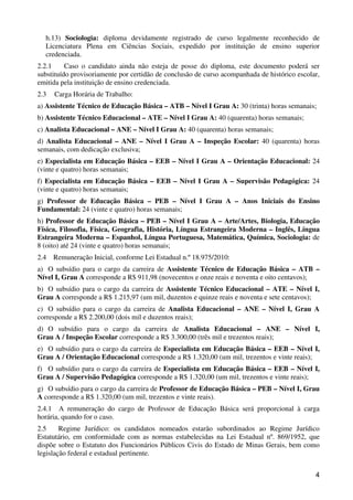 h.13) Sociologia: diploma devidamente registrado de curso legalmente reconhecido de
  Licenciatura Plena em Ciências Sociais, expedido por instituição de ensino superior
  credenciada.
2.2.1     Caso o candidato ainda não esteja de posse do diploma, este documento poderá ser
substituído provisoriamente por certidão de conclusão de curso acompanhada de histórico escolar,
emitida pela instituição de ensino credenciada.
2.3   Carga Horária de Trabalho:
a) Assistente Técnico de Educação Básica – ATB – Nível I Grau A: 30 (trinta) horas semanais;
b) Assistente Técnico Educacional – ATE – Nível I Grau A: 40 (quarenta) horas semanais;
c) Analista Educacional – ANE – Nível I Grau A: 40 (quarenta) horas semanais;
d) Analista Educacional – ANE – Nível I Grau A – Inspeção Escolar: 40 (quarenta) horas
semanais, com dedicação exclusiva;
e) Especialista em Educação Básica – EEB – Nível I Grau A – Orientação Educacional: 24
(vinte e quatro) horas semanais;
f) Especialista em Educação Básica – EEB – Nível I Grau A – Supervisão Pedagógica: 24
(vinte e quatro) horas semanais;
g) Professor de Educação Básica – PEB – Nível I Grau A – Anos Iniciais do Ensino
Fundamental: 24 (vinte e quatro) horas semanais;
h) Professor de Educação Básica – PEB – Nível I Grau A – Arte/Artes, Biologia, Educação
Física, Filosofia, Física, Geografia, História, Língua Estrangeira Moderna – Inglês, Língua
Estrangeira Moderna – Espanhol, Língua Portuguesa, Matemática, Química, Sociologia: de
8 (oito) até 24 (vinte e quatro) horas semanais;
2.4   Remuneração Inicial, conforme Lei Estadual n.º 18.975/2010:
a) O subsídio para o cargo da carreira de Assistente Técnico de Educação Básica – ATB –
Nível I, Grau A corresponde a R$ 911,98 (novecentos e onze reais e noventa e oito centavos);
b) O subsídio para o cargo da carreira de Assistente Técnico Educacional – ATE – Nível I,
Grau A corresponde a R$ 1.215,97 (um mil, duzentos e quinze reais e noventa e sete centavos);
c) O subsídio para o cargo da carreira de Analista Educacional – ANE – Nível I, Grau A
corresponde a R$ 2.200,00 (dois mil e duzentos reais);
d) O subsídio para o cargo da carreira de Analista Educacional – ANE – Nível I,
Grau A / Inspeção Escolar corresponde a R$ 3.300,00 (três mil e trezentos reais);
e) O subsídio para o cargo da carreira de Especialista em Educação Básica – EEB – Nível I,
Grau A / Orientação Educacional corresponde a R$ 1.320,00 (um mil, trezentos e vinte reais);
f) O subsídio para o cargo da carreira de Especialista em Educação Básica – EEB – Nível I,
Grau A / Supervisão Pedagógica corresponde a R$ 1.320,00 (um mil, trezentos e vinte reais);
g) O subsídio para o cargo da carreira de Professor de Educação Básica – PEB – Nível I, Grau
A corresponde a R$ 1.320,00 (um mil, trezentos e vinte reais).
2.4.1 A remuneração do cargo de Professor de Educação Básica será proporcional à carga
horária, quando for o caso.
2.5     Regime Jurídico: os candidatos nomeados estarão subordinados ao Regime Jurídico
Estatutário, em conformidade com as normas estabelecidas na Lei Estadual nº. 869/1952, que
dispõe sobre o Estatuto dos Funcionários Públicos Civis do Estado de Minas Gerais, bem como
legislação federal e estadual pertinente.


                                                                                              4
 