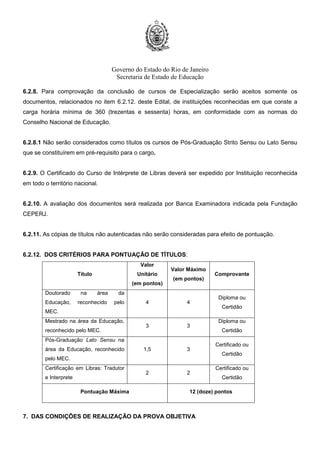 Governo do Estado do Rio de Janeiro
Secretaria de Estado de Educação
6.2.8. Para comprovação da conclusão de cursos de Especialização serão aceitos somente os
documentos, relacionados no item 6.2.12. deste Edital, de instituições reconhecidas em que conste a
carga horária mínima de 360 (trezentas e sessenta) horas, em conformidade com as normas do
Conselho Nacional de Educação.
6.2.8.1 Não serão considerados como títulos os cursos de Pós-Graduação Strito Sensu ou Lato Sensu
que se constituírem em pré-requisito para o cargo.
6.2.9. O Certificado do Curso de Intérprete de Libras deverá ser expedido por Instituição reconhecida
em todo o território nacional.
6.2.10. A avaliação dos documentos será realizada por Banca Examinadora indicada pela Fundação
CEPERJ.
6.2.11. As cópias de títulos não autenticadas não serão consideradas para efeito de pontuação.
6.2.12. DOS CRITÉRIOS PARA PONTUAÇÃO DE TÍTULOS:
Título
Valor
Unitário
(em pontos)
Valor Máximo
(em pontos)
Comprovante
Doutorado na área da
Educação, reconhecido pelo
MEC.
4 4
Diploma ou
Certidão
Mestrado na área da Educação,
reconhecido pelo MEC.
3 3
Diploma ou
Certidão
Pós-Graduação Lato Sensu na
área da Educação, reconhecido
pelo MEC.
1,5 3
Certificado ou
Certidão
Certificação em Libras: Tradutor
e Interprete
2 2
Certificado ou
Certidão
Pontuação Máxima 12 (doze) pontos
7. DAS CONDIÇÕES DE REALIZAÇÃO DA PROVA OBJETIVA
 
