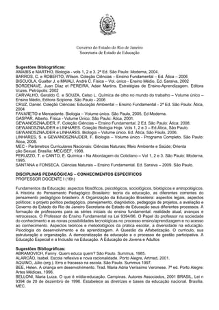 Governo do Estado do Rio de Janeiro
Secretaria de Estado de Educação
Sugestões Bibliográficas:
AMABIS e MARTHO. Biologia - vols 1, 2 e 3. 2ª Ed. São Paulo: Moderna, 2004.
BARROS, C. e ROBERTO, Wilson. Coleção Ciências – Ensino Fundamental – Ed. Ática – 2006
BISCUOLA, Gualter J. e MAIALI, André C. Física – Vol. único - Ensino Médio, Ed. Saraiva, 2002
BORDENAVE, Juan Díaz et PEREIRA, Adair Martins. Estratégias de Ensino-Aprendizagem. Editora
Vozes. Petrópolis: 2002
CARVALHO, Geraldo C. e SOUZA, Celso L. Química de olho no mundo do trabalho – Volume único –
Ensino Médio, Editora Scipione. São Paulo - 2006
CRUZ, Daniel. Coleção Ciências: Educação Ambiental – Ensino Fundamental - 2ª Ed. São Paulo: Ática,
2004
FAVARETO e Mercadante. Biologia – Volume único. São Paulo, 2005, Ed Moderna.
GASPAR, Alberto. Física - Volume Único. São Paulo: Ática, 2001.
GEWANDSZNAJDER, F. Coleção Ciências – Ensino Fundamental. 2 Ed. São Paulo: Ática: 2008.
GEWANDSZNAJDER e LINHARES. Coleção Biologia Hoje. Vols 1, 2 e 3 – Ed.Ática, São Paulo.
GEWANDSZNAJDER e LINHARES. Biologia – Volume único. Ed. Ática, São Paulo, 2006.
LINHARES, S. e GEWANDSZNAJDER, F. Biologia – Volume único - Programa Completo. São Paulo:
Ática, 2008.
MEC - Parâmetros Curriculares Nacionais: Ciências Naturais; Meio Ambiente e Saúde; Orienta
ção Sexual. Brasília: MEC/SEF, 1998.
PERUZZO, T. e CANTO, E. Química - Na Abordagem do Cotidiano – Vol 1, 2 e 3. São Paulo: Moderna,
1995.
SANTANA e FONSECA. Ciências Naturais – Ensino Fundamental. Ed. Saraiva – 2009. São Paulo.
DISCIPLINAS PEDAGÓGICAS – CONHECIMENTOS ESPECÍFICOS
PROFESSOR DOCENTE I (16h)
Fundamentos da Educação: aspectos filosóficos, psicológicos, sociológicos, biológicos e antropológicos.
A História do Pensamento Pedagógico Brasileiro: teoria da educação, as diferentes correntes do
pensamento pedagógico brasileiro. A Organização da Educação Brasileira: aspectos legais, aspectos
políticos; o projeto político pedagógico, planejamento, diagnóstico, pedagogia de projetos, a avaliação e
Governo do Estado do Rio de Janeiro Secretaria de Estado de Educação seus diferentes processos. A
formação de professores para as séries iniciais do ensino fundamental: realidade atual, avanços e
retrocessos. O Professor do Ensino Fundamental na Lei 9394/96. O Papel do professor na sociedade
do conhecimento e as novas possibilidades tecnológicas no processo ensino/aprendizagem e no acesso
ao conhecimento. Aspectos teóricos e metodológicos da prática escolar, a diversidade na educação.
Psicologia do desenvolvimento e da aprendizagem. A Questão da Alfabetização. O currículo, sua
estruturação e organização. A democratização da educação e o processo de gestão participativa. A
Educação Especial e a Inclusão na Educação. A Educação de Jovens e Adultos
Sugestões Bibliográficas:
ABRAMOVICH, Fanny. Quem educa quem? São Paulo. Summus, 1985.
ALARCÃO, Isabel. Escola reflexiva e nova racionalidade. Porto Alegre, Artmed, 2001.
AQUINO, Júlio (org.). Erro e fracasso na escola. São Paulo. Summus 1997.
BEE, Helen. A criança em desenvolvimento. Trad. Maria Adria Veríssimo Veronese. 7ª ed. Porto Alegre:
Artes Médicas, 1996.
BELLONI, Maria Luiza. O que é mídia-educação. Campinas. Autores Associados, 2001 BRASIL, Lei n
9394 de 20 de dezembro de 1996. Estabelece as diretrizes e bases da educação nacional. Brasília.
MEC.
 