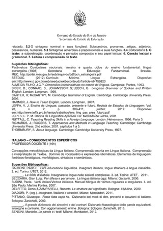 Governo do Estado do Rio de Janeiro
Secretaria de Estado de Educação
relatado. 5.2 O sintagma nominal e suas funçõesl: Substantivos, pronomes, artigos, adjetivos,
possessivos, numerais. 5.3 Sintagmas adverbiais e preposicionais e suas funções. 5.4 Collocations 6. O
texto: a subordinação, coordenação e períodos compostos e seu papel textual. 6. Coesão lexical e
gramatical. 7. Leitura e compreensão de texto
Sugestões Bibliográficas:
Parâmetros Curriculares nacionais: terceiro e quarto ciclos do ensino fundamental: língua
estrangeira. (1998) Secretaria de Educação Fundamental. Brasília.
MEC. http://portal.mec.gov.br/seb/arquivos/pdf/pcn_estrangeira.pdf
SEEDUC. (2012). Currículo Mínimo. Língua Estrangeira. Disponível
em: http://www.rj.gov.br/web/seeduc/exibeconteudo?article-id=759820
ALMEIDA FILHO, J.C.P. Dimensões comunicativas no ensino de línguas. Campinas: Pontes, 1993.
BIBER, D.; CONRAD, S.; JOHANSSON, S; LEECH, G. Longman Grammar of Spoken and Written
English, London: Longman, 1999.
CARTER, R; McCARTHY, M. Cambridge Grammar of English. Cambridge. Cambridge University Press,
2006.
HARMER, J. How to Teach English. London: Longman, 2007.
LEFFA, V. J. Ensino de Línguas: passado, presente e futuro. Revista de Estudos da Linguagem. Vol.
20, n. 2, p. 389-411, jul/dez 2012. Disponível
em: http://www.leffa.pro.br/textos/trabalhos/ens_ling_pas_pres_futuro.pdf
LOPES, L. P. M. Oficina de Lingüística Aplicada. RJ: Mercado de Letras, 2001.
NUTTALL, C. Teaching Reading Skills in a Foreign Language. London: Heinemann, 1996. Parte 3.
RICHARDS, J.; ROGERS, T. Approaches and Methods in Language Teaching. Cambridge: Cambridge
University Press. 2nd edition, 2001, capítulos 1 a 5.
THORNBURY, S. About language. Cambridge: Cambridge University Press, 1997.
ITALIANO – CONHECIMENTOS ESPECÍFICOS
PROFESSOR DOCENTE I (16h)
Concepções metodológicas da Língua Italiana. Compreensão escrita em Língua Italiana. Compreensão
e interpretação de Textos. Domínio de vocabulário e expressões idiomáticas. Elementos de linguagem:
fonéticos-fonológicos, morfológicos, sintáticos e semânticos.
Sugestões Bibliográficas:
BALBONI, Paolo E. Fare educazione linguistica. Insegnare italiano, lingue straniere e lingue classiche.
2. ed. Torino: UTET, 2012.
_______. Le Sfide di Babele. Insegnare le lingue nelle società complesse. 3. ed. Torino: UTET, 2011.
BECCARIA, Gian Luigi. Per difesa e per amore. La lingua italiana oggi. Milano: Garzanti, 2006.
BUDINI, Paola. Verbi italiani/Verbos italianos. Manual bilingue de verbos regulares e irregulares. 4. ed.
São Paulo: Martins Fontes, 2007.
DELFITTO, Denis & ZAMPARELLI, Roberto. Le strutture del significato. Bologna: Il Mulino, 2009.
DIADORI, P. (org.). Insegnare l’Italiano a stranieri. Milano: Mondadori, 2011.
PITTANO, Giuseppe. Frase fatta capo ha. Dizionario dei modi di dire, proverbi e locuzioni di italiano.
Bologna: Zanichelli, 2009.
_______. Il grande dizionario dei sinonimi e dei contrari. Dizionario fraseologico delle parole equivalenti,
analoghe e contrarie. Con aggiornamento online .Bologna: Bologna: Zanichelli, 2013.
SENSINI, Marcello. Le parole e i testi. Milano: Mondadori, 2012.
 