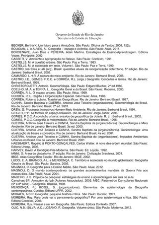 Governo do Estado do Rio de Janeiro
Secretaria de Estado de Educação
BECKER, Bertha K. Um futuro para a Amazônia. São Paulo: Oficina de Textos. 2008, 152p.
BOLIGIAN, L. e ALVES, A.. Geografia – espaço e vivência. São Paulo: Atual, 2011.
BORDENAVE, Juan Díaz e PEREIRA, Adair Martins. Estratégias de Ensino-Aprendizagem. Editora
Vozes. Petrópolis: 2002
CASSETI, V. Ambiente e Apropriação do Relevo. São Paulo: Contexto, 1991.
CASTELLS, M. A questão urbana. São Paulo: Paz e Terra, 1983.
CASTELLS, M. A sociedade em rede. Volume I. São Paulo: Paz e Terra, 1999.
CASTRO, Iná Elias et alii (org). Brasil: questões atuais da reorganização doterritório. 5ª edição. Rio de
Janeiro: Bertrand Brasil, 2008.
CAMARGO, L.H.R. A ruptura do meio ambiente. Rio de Janeiro: Bertrand Brasil, 2005.
CASTRO, I.E., GOMES, P.C.C. e CORRÊA, R.L. (orgs.) Geografia: Conceitos e temas. Rio de Janeiro:
Bertrand Brasil, 1995.
CHRISTOFOLETTI, Antonio. Geomorfologia. São Paulo: Edgard Blucher, 2ª ed.1980.
COELHO, M. A. e TERRA, L.. Geografia Geral e do Brasil. São Paulo: Moderna, 2003.
CORRÊA, R. L. O espaço urbano. São Paulo: Ática, 1999.
CORRÊA, R. L. Região e Organização Espacial. São Paulo: Ática, 1986.
CORRÊA, Roberto Lobato. Trajetórias Geográficas. Rio de Janeiro: Bertrand Brasil, 1997.
CUNHA, Sandra Baptista e GUERRA, Antonio José Teixeira (organizadores). Geomorfologia do Brasil.
Rio de Janeiro: Bertrand Brasil, 2ª ed. 2001.
DREW, D. Processos interativos Homem-Meio Ambiente. Rio de Janeiro: Bertrand Brasil, 1994.
GEIGER, P.P. As formas do espaço brasileiro. Rio de Janeiro: Jorge Zahar, 2003.
GOMES, P.C.C. A condição urbana: ensaios de geopolítica da cidade. R. J. : Bertrand Brasil., 2002.
GOMES, P.C.C. Geografia e modernidade. Rio de Janeiro: Bertrand Brasil, 1996.
GUERRA, Antônio José Teixeira e CUNHA, Sandra Baptista da (organizadores). Geormofologia e Meio
Ambiente. Rio de Janeiro: Bertrand Brasil, 3a ed. 2000.
GUERRA, Antônio José Teixeira e CUNHA, Sandra Baptista da (organizadores). Geormofologia: uma
atualização de bases e conceitos. Rio de Janeiro: Bertrand Brasil, 4a ed. 2001.
GUERRA, Antônio José Teixeira e CUNHA, Sandra Baptista da (organizadores). Impactos Ambientais
Urbanos no Brasil. Rio de Janeiro: Bertrand Brasil, 2001.
HAESBAERT, Rogério & PORTO-GONÇALVES, Carlos Walter. A nova des-ordem mundial. São Paulo:
Editora Unesp, 2006.
HARVEY, David. A Condição Pós-Moderna. São Paulo: Ed. Loyola, 1992.
IANNI, O. A era do globalismo. 5ª edição. Rio de Janeiro: Civilização Brasileira, 2001.
IBGE. Atlas Geográfico Escolar. Rio de Janeiro: IBGE, 2002.
LUCCI, E. A; BRANCO, A L. e MENDONÇA, C. Território e sociedade no mundo globalizado: Geografia
Geral e do Brasil. São Paulo: Saraiva, 2005.
MAGNOLI, D. Geografia para o Ensino Médio. São Paulo: Atual, 2012.
MAGNOLI, D. O mundo contemporâneo: os grandes acontecimentos mundiais da Guerra Fria aos
nossos dias. São Paulo: Atual, 2004.
MARTINS, J. S. Projetos de pesquisa: estratégias de ensino e aprendizagem em sala de aula.
Campinas-SP: Armazém do Ipê (Autores Associados), 2005. MEC. Parâmetros Curriculares Nacionais
(5ª a 8ª série) – Geografia. Brasília, 1998.
MENDONÇA, F.; KOZEL, S. (organizadores). Elementos de epistemologia da Geografia
contemporânea. Curitiba: Editora UFPR, 2002.
MORAES, A.C.R. Geografia: pequena história crítica. São Paulo: Hucitec, 1991.
MOREIRA, Ruy. Para onde vai o pensamento geográfico? Por uma epistemologia crítica. São Paulo:
Editora Contexto, 2006.
MOREIRA, Ruy. Pensar e ser em Geografia. São Paulo: Editora Contexto, 2007.
OLIC, N.B.; SILVA, A.C.; LOZANO, R. Geografia. Volume único. São Paulo: Moderna, 2012.
 