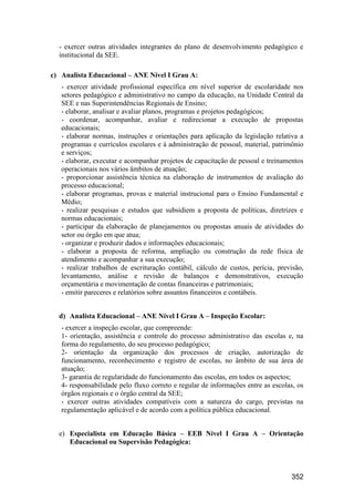 352
- exercer outras atividades integrantes do plano de desenvolvimento pedagógico e
institucional da SEE.
c) Analista Educacional – ANE Nível I Grau A:
- exercer atividade profissional específica em nível superior de escolaridade nos
setores pedagógico e administrativo no campo da educação, na Unidade Central da
SEE e nas Superintendências Regionais de Ensino;
- elaborar, analisar e avaliar planos, programas e projetos pedagógicos;
- coordenar, acompanhar, avaliar e redirecionar a execução de propostas
educacionais;
- elaborar normas, instruções e orientações para aplicação da legislação relativa a
programas e currículos escolares e à administração de pessoal, material, patrimônio
e serviços;
- elaborar, executar e acompanhar projetos de capacitação de pessoal e treinamentos
operacionais nos vários âmbitos de atuação;
- proporcionar assistência técnica na elaboração de instrumentos de avaliação do
processo educacional;
- elaborar programas, provas e material instrucional para o Ensino Fundamental e
Médio;
- realizar pesquisas e estudos que subsidiem a proposta de políticas, diretrizes e
normas educacionais;
- participar da elaboração de planejamentos ou propostas anuais de atividades do
setor ou órgão em que atua;
- organizar e produzir dados e informações educacionais;
- elaborar a proposta de reforma, ampliação ou construção da rede física de
atendimento e acompanhar a sua execução;
- realizar trabalhos de escrituração contábil, cálculo de custos, perícia, previsão,
levantamento, análise e revisão de balanços e demonstrativos, execução
orçamentária e movimentação de contas financeiras e patrimoniais;
- emitir pareceres e relatórios sobre assuntos financeiros e contábeis.
d) Analista Educacional – ANE Nível I Grau A – Inspeção Escolar:
- exercer a inspeção escolar, que compreende:
1- orientação, assistência e controle do processo administrativo das escolas e, na
forma do regulamento, do seu processo pedagógico;
2- orientação da organização dos processos de criação, autorização de
funcionamento, reconhecimento e registro de escolas, no âmbito de sua área de
atuação;
3- garantia de regularidade do funcionamento das escolas, em todos os aspectos;
4- responsabilidade pelo fluxo correto e regular de informações entre as escolas, os
órgãos regionais e o órgão central da SEE;
- exercer outras atividades compatíveis com a natureza do cargo, previstas na
regulamentação aplicável e de acordo com a política pública educacional.
e) Especialista em Educação Básica – EEB Nível I Grau A – Orientação
Educacional ou Supervisão Pedagógica:
 