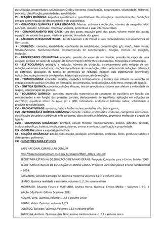 classificação, propriedades, solubilidade; Óxidos: conceito, classificação, propriedades, solubilidade; Hidretos:
conceito, classificação, propriedades, solubilidade.
VI - REAÇÕES QUÍMICAS: Aspectos qualitativos e quantitativos: Classificação e reconhecimento; Condições
em que ocorra reação de deslocamento e de dupla troca;
VII - GRANDEZAS QUÍMICAS E SUAS UNIDADES: Massas: atômica e molecular; número de avogadro; Mol:
conceito, cálculos; Fórmulas: molecular, mínima, percentual e suas interconversões.
VIII - COMPORTAMENTO DOS GASES: Leis dos gases; equação geral dos gases; volume molar dos gases;
equação de estado dos gases; misturas gasosas; densidade dos gases.
IX - CÁLCULOS ESTEQUIOMÉTRICOS: Lei de Lavoisier e de Proust e suas consequências; Lei volumétrica de
Gay-Lussac.
X - SOLUÇÕES: conceito, solubilidade, coeficiente de solubilidade; concentração: g/L, mol/L, %em massa,
%massa/volume, %volume/volume, interconversão de concentrações; diluição, mistura de soluções,
titulação.
XI - PROPRIEDADES COLIGATIVAS: conceito; pressão de vapor de um líquido; pressão de vapor de uma
solução; pressão de vapor de soluções de concentrações diferentes; ebulioscopia, tonoscopia e osmoscopia.
XII - ELETROQUÍMICA: oxidação e redução; número de oxidação, balanceamento pelo método de oxi-
redução, oxidantes e redutores; reações espontâneas de oxi-redução; pilhas; potencial de redução e diferença
de potencial, aplicações da tabela de potenciais de redução; Reações não espontâneas (eletrólise);
Aplicações, estequiometria de eletrólise; Metalurgia e potenciais de redução.
XIII - TERMOQUÍMICA: conceito: entalpia, equações termoquímicas e fatores que influem na variação de
entalpia; estado padrão; Entalpia de formação, de combustão, de dissolução, Lei de Hess, energia de ligação.
XIV - CINÉTICA QUÍMICA: conceito, colisões eficazes, leis de velocidades, fatores que afetam a velocidade de
reação, interpretação de gráficos.
XV - EQUILÍBRIO QUÍMICO: conceito, expressão matemática da constante de equilíbrio em função das
concentrações e em função das pressões parciais; deslocamento de equilíbrio; aplicação em soluções de
eletrólitos; equilíbrio iônico da água; pH e pOH, indicadores ácido-base; hidrólise salina; solubilidade e
produto de solubilidade.
XVI - RADIOATIVIDADE: conceito; fusão e fissão nuclear; emissões alfa, beta e gama;
XVII - INTRODUÇÃO À QUÍMICA ORGÂNICA: conceito, cadeias e fórmulas estruturais, compostos aromáticos,
classificação de cadeias carbônicas e de carbonos, tipos de orbitais híbridos, geometria molecular e ângulo de
ligação.
XVIII - COMPOSTOS ORGÂNICOS: petróleo, carvão mineral; hidrocarbonetos, álcoois, aldeídos, cetonas,
ácidos carboxílicos, haletos, fenóis, éteres, ésteres, aminas e amidas; classificação e propriedade.
XIX - ISOMERIA: plana e espacial geométrica.
XX - REAÇÕES ORGÂNICAS: adição, substituição, oxidação; aminoácidos, proteínas, óleos, gorduras; sabões e
detergentes; polímeros.
XXI - SUGESTÕES PARA ESTUDOS
BASE NACIONAL CURRICULAR COMUM
http://basenacionalcomum.mec.gov.br/images/BNCC_20dez_site.pdf
SECRETARIA ESTADUAL DE EDUCAÇÃO DE MINAS GERAIS. Proposta Curricular para o Ensino Médio -2005.
SECRETARIA ESTADUAL DE EDUCAÇÃO DE MINAS GERAIS. Proposta Curricular para o Ensino Fundamental
– 2014.
CARVALHO, Geraldo Camargo de. Química moderna volumes 1,2,3, e volume único
LEMBO. Química realidade e contexto, volumes 1, 2 ,3 e volume único
MORTIMER, Eduardo Fleury e MACHADO, Andrea Horta. Química- Ensino Médio – Volumes 1-2-3. 1
edição. São Paulo. Editora Scipione. 2011
NOVAIS, Vera. Química, volumes 1,2,3 e volume único
NEHMI, Victor. Química, volumes 1,2,3
USBERCO, Salvador. Química, Volumes 1,2,3 e volume único
SARDELLA, Antônio. Química série Novo ensino médio volumes 1,2,3 e volume único.
 