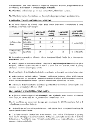 Mariana Resende Costa, sem a presença do responsável pela guarda da criança, que garantirá que sua
conduta esteja de acordo com os termos e condições deste Edital.
7.2.8 A candidata nesta condição que não levar acompanhante, não realizará as provas.
7.2.9 A Fundação Mariana Resende Costa não disponibilizará acompanhante para guarda de criança.
8 DA PRIMEIRA ETAPA DO CONCURSO – PROVA OBJETIVA
8.1 As Provas Objetivas de Múltipla Escolha terão caráter eliminatório e classificatório e serão
constituídas conforme o quadro a seguir:
PROVAS DISCIPLINAS
NÚMERO DE
QUESTÕES
VALOR DE
CADA
QUESTÃO
PONTUAÇÃO
MÁXIMA
PONTUAÇÃO
MÍNIMA PARA
APROVAÇAO
Conhecimentos
Gerais
Língua
Portuguesa
10 1,0 10
15 pontos (50%)
Matemática 10 1,0 10
Conhecimentos
Didático-
pedagógico
10 1,0 10
Conhecimentos
Específicos
Específicos 30 1,0 30 15 pontos (50%)
8.2 Os conteúdos programáticos referentes à Prova Objetiva de Múltipla Escolha são os constantes do
Anexo V deste Edital.
8.3 A Prova Objetiva de Múltipla Escolha será composta de 60 (sessenta) questões distribuídas pelas
disciplinas, conforme quadro constante do item 8.1, sendo que cada questão conterá 5 (cinco)
alternativas e com uma única resposta correta.
8.4 A Prova Objetiva de Múltipla Escolha de todos os candidatos será corrigida por meio de leitura ótica.
8.5 Será considerado aprovado na Prova Objetiva o candidato que obtiver no mínimo 50% (cinquenta
por cento) de acertos nas questões de Conhecimentos Gerais, no mínimo 50% (cinquenta por cento) de
acertos nas questões de Conhecimentos Específicos e não zerar em nenhuma das Disciplinas.
8.6 Será excluído do Concurso Público o candidato que não obtiver o mínimo de acertos exigidos para
aprovação nos termos do item 8.1 deste Edital.
9 DAS CONDIÇÕES DE REALIZAÇÃO DA PROVA OBJETIVA
9.1. A aplicação das Provas Objetivas está prevista para o dia 08/04/2018, e será realizada no Estado de
Minas Gerais, nas cidades sedes das SRE, constantes do Anexo IV deste Edital.
9.1.1 Os candidatos que concorrerem às vagas para municípios das SRE Metropolitanas A, B e C
realizarão as provas em Belo Horizonte.
9.1.2 Será publicado no Diário Oficial dos Poderes do Estado – Minas Gerais o ato de confirmação do dia
de aplicação das provas objetivas.
9.2 A duração das Provas Objetivas será de no mínimo 02 (duas) horas e no máximo de 04 (quatro)
horas, incluído o tempo para a assinatura da Folha de Respostas, transcrição das respostas do Caderno
de Questões da Prova Objetiva para a Folha de Respostas oficial, sendo responsabilidade do candidato
observar o horário estabelecido.
 