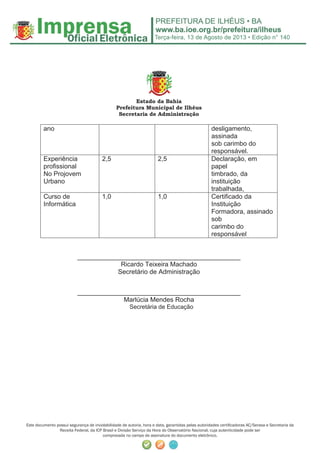 Terça-feira, 13 de Agosto de 2013 • Edição n° 140
Este documento possui segurança de inviolabilidade de autoria, hora e data, garantidas pelas autoridades certiﬁcadoras AC/Serasa e Secretaria da
Receita Federal, da ICP Brasil e Divisão Serviço da Hora do Observatório Nacional, cuja autenticidade pode ser
comprovada no campo de assinatura do documento eletrônico.
Estado da Bahia
Prefeitura Municipal de Ilhéus
Secretaria de Administração
ano desligamento,
assinada
sob carimbo do
responsável.
Experiência
profissional
No Projovem
Urbano
2,5 2,5 Declaração, em
papel
timbrado, da
instituição
trabalhada,
Curso de
Informática
1,0 1,0 Certificado da
Instituição
Formadora, assinado
sob
carimbo do
responsável
_____________________________________________
Ricardo Teixeira Machado
Secretário de Administração
_____________________________________________
Marlúcia Mendes Rocha
Secretária de Educação
 