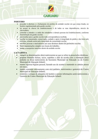 PORTEIRO
 proceder à abertura e o fechamento de portões da unidade escolar em que esteja lotado, no
horário regulamentado pela gestão escolar;
 ter acesso às chaves do estabelecimento e de todas as suas dependências, através do
claviculário;
 controlar a entrada e a saída dos estudantes e demais pessoas do Estabelecimento, conforme
determinação da gestão escolar;
 encaminhar para a gestão escolar toda correspondência recebida;
 auxiliar na manutenção, conservação, cuidado e apoio à integridade do prédio e dos bens nele
contidos, zelando assim pela integridade da comunidade escolar;
 escoltar pessoas e mercadorias aos seus destinos dentro do perímetro escolar;
 fazer manutenções simples nos locais de trabalho;
 ajudar a transportar materiais dentro da unidade escolar.
LACTARISTA
 cumprir as determinações do(a) nutricionista no que se refere às prescrições dietéticas;
 preparar fórmulas lácteas, sucos, sopinhas e chás de acordo com a orientação do(a)
pediatra ou do(a) nutricionista da Secretaria Municipal de Educação ou do Centro
Municipal de Educação Infantil;
 manter rigorosa higiene pessoal, fazendo uso de avental e mantendo os cabelos presos
em touca;
 manter constante entrosamento com o(a) pediatra, nutricionista e gestor(a) do Centro
Municipal de Educação Infantil;
 controlar o estoque de alimentos do lactário e prestar informações ao(à) nutricionista e
Gestor(a) do Centro Municipal de Educação Infantil.
 