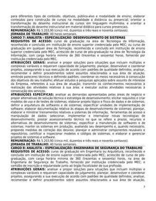 para diferentes tipos de conteúdo, objetivos, público-alvo e modalidade de ensino; elaborar
conteúdos para construção de cursos na modalidade a distância ou presencial; orientar a
transformação do desenho instrucional de cursos em linguagem multimídia; e orientar a
transformação do desenho instrucional em material didático para cursos presenciais.
REMUNERAÇÃO: R$ 5.203,90 (cinco mil, duzentos e três reais e noventa centavos).
JORNADA DE TRABALHO: 40 horas semanais.
CARGO 7: ANALISTA – ESPECIALIZAÇÃO: DESENVOLVIMENTO DE SISTEMAS
REQUISITOS DE ACESSO: curso de graduação na área de Tecnologia da Informação,
reconhecido e concluído em instituição de ensino superior credenciada pelo MEC; ou curso de
graduação em qualquer área de formação, reconhecido e concluído em instituição de ensino
superior credenciada pelo MEC, acrescido de curso de pós-graduação na área de Tecnologia da
Informação, com carga horária mínima de 360 (trezentas e sessenta) horas, fornecido por
instituição credenciada pelo MEC.
ATRIBUIÇÕES GERAIS: analisar e propor soluções para situações que incluam múltiplas e
complexas variáveis e requeiram capacidade de julgamento; planejar, desenvolver e coordenar
projetos, assegurando a sua execução de acordo com padrões de qualidade definidos; analisar,
recomendar e definir procedimentos sobre assuntos relacionados a sua área de atuação,
emitindo pareceres técnicos e definindo padrões; coordenar os meios necessários à consecução
dos objetivos do seu trabalho; efetuar estudos e pesquisas aplicados sobre assunto de interesse
da Empresa, referentes à sua área de atuação; transmitir os conhecimentos necessários à
realização das atividades relativas à sua área; e executar outras atividades necessárias à
consecução dos serviços.
ATRIBUIÇÕES ESPECÍFICAS: analisar as demandas apresentadas pelas áreas de negócio e
propor alternativas de solução técnica e estratégia de desenvolvimento; elicitar requisitos e criar
modelos de uso e de testes de sistemas; elaborar projeto lógico e físico de dados e de sistemas;
definir a arquitetura de softwares e de sistemas; especificar unidades de implementação de
software; elaborar documentação relativa às etapas de desenvolvimento de sistemas; planejar,
elaborar e ministrar treinamentos relativos a sistemas de informação, ferramentas de acesso e
manipulação de dados; selecionar, implementar e internalizar novas tecnologias de
desenvolvimento; prestar assessoramento técnico no que se refere a prazos, recursos e
alternativas de desenvolvimento de sistemas; especificar a manutenção de softwares e de
sistemas; manter os sistemas em produção, avaliando seu desempenho e, quando necessário,
propondo medidas de correção dos desvios; planejar e administrar componentes reusáveis e
repositórios; certificar e inspecionar modelos e códigos de sistemas; e elaborar e gerenciar
projetos de sistemas e software.
REMUNERAÇÃO: R$ 5.203,90 (cinco mil, duzentos e três reais e noventa centavos).
JORNADA DE TRABALHO: 40 horas semanais.
CARGO 8: ANALISTA – ESPECIALIZAÇÃO: ENGENHARIA DE SEGURANÇA DO TRABALHO
REQUISITOS DE ACESSO: curso de graduação em Engenharia ou Arquitetura, reconhecido e
concluído em instituição de ensino superior credenciada pelo MEC, acrescido de curso de pós-
graduação, com carga horária mínima de 360 (trezentas e sessenta) horas, na área de
Engenharia de Segurança do Trabalho, fornecido por instituição credenciada pelo MEC; e
certidão de inscrição e regularidade junto ao órgão fiscalizador de sua profissão.
ATRIBUIÇÕES GERAIS: analisar e propor soluções para situações que incluam múltiplas e
complexas variáveis e requeiram capacidade de julgamento; planejar, desenvolver e coordenar
projetos, assegurando a sua execução de acordo com padrões de qualidade definidos; analisar,
recomendar e definir procedimentos sobre assuntos relacionados a sua área de atuação,

                                                                                                 5
 