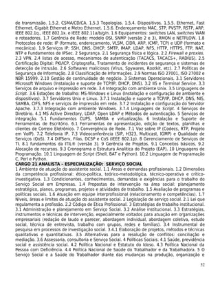 de transmissão. 1.5.2. CSMA/CD/CA. 1.5.3 Topologias. 1.5.4. Dispositivos. 1.5.5. Ethernet, Fast
Ethernet, Gigabit Ethernet e Metro Ethernet. 1.5.6. Endereçamento MAC, STP, PVSTP, RSTP, ARP,
IEEE 802.1q., IEEE 802.1x. e IEEE 802.11a/b/g/n. 1.6 Equipamentos: switches LAN, switches WAN
e roteadores. 1.7 Gerência de Rede: modelo OSI, SNMP (versão 2 e 3), RMON e NETFLOW. 1.8
Protocolos de rede: IP (formato, endereçamento, VLSM, CIDR, ARP, ICMP, TCP) e UDP (formato e
mecânica). 1.9 Serviços IP: SSH, DNS, DHCP, SMTP, IMAP, LDAP, NFS, HTTP, HTTPS, FTP, NAT,
NTP e Fundamentos de IPSec. 2 Segurança. 2.1 Segurança física e lógica. 2.2 Firewall e proxies.
2.3 VPN. 2.4 listas de acesso, mecanismos de autenticação (TACACS, TACACS+, RADIUS). 2.5
Certificação Digital: PKI/ICP, Criptografia, Tratamento de incidentes de segurança e sistemas de
detecção de intrusão. 2.6 Softwares maliciosos (Vírus, Spywares, Rootkit, etc). 2.7 Políticas de
Segurança de Informação. 2.8 Classificação de Informações. 2.9 Normas ISO 27001, ISO 27002 e
NBR 15999. 2.10 Gestão de continuidade de negócio. 3 Sistemas Operacionais. 3.1 Servidores
Microsoft Windows (Instalação e suporte de TCP/IP, DHCP, DNS). 3.2 IIS e Terminal Service. 3.3
Serviços de arquivo e impressão em rede. 3.4 Integração com ambiente Unix. 3.5 Linguagens de
Script. 3.6 Estações de trabalho: MS-Windows e Linux (Instalação e configuração de ambiente e
dispositivos). 3.7 Servidores Unix e Linux. 3.7.1 Instalação e suporte a TCP/IP, DHCP, DNS, NIS,
SAMBA, CIFS, NFS e serviços de impressão em rede. 3.7.2 Instalação e configuração do Servidor
Apache. 3.7.3 Integração com ambiente Windows. 3.7.4 Linguagens de Script. 4 Serviços de
Diretório. 4.1 MS Active Directory, LDAP, Open LDAP e Métodos de autenticação. 5 Serviços de
integração. 5.1 Fundamentos CUPS, SAMBA e virtualização. 6 Instalação e Suporte de
Ferramentas de Escritório. 6.1 Ferramentas de apresentação, edição de textos, planilhas e
clientes de Correio Eletrônico. 7 Convergência de Rede. 7.1 Voz sobre IP (Codecs, RTP, Projeto
em VoIP). 7.2 Telefonia IP. 7.3 Videoconferência (SIP, H323, Multicast, IGMP) e Qualidade de
Serviços (QoS). 7.4 DiffServ, Filas, DCSP e CoS (IEEE 802.1p). 8 Gerenciamento de Serviços de
TI. 8.1 fundamentos da ITIL® (versão 3). 9 Gerência de Projetos. 9.1 Conceitos básicos. 9.2
Alocação de recursos. 9.3 Cronograma e Estrutura Analítica do Projeto (EAP). 10 Linguagens de
Programação. 10.1 Linguagem de Script (Shell, BAT e Python). 10.2 Linguagem de Programação
C, Perl e Python.
CARGO 21 ANALISTA – ESPECIALIZAÇÃO: SERVIÇO SOCIAL
1 Ambiente de atuação do assistente social. 1.1 Áreas e demandas profissionais. 1.2 Dimensões
da competência profissional: ético-política, teórico-metodológica, técnico-operativa e crítico-
investigativa. 1.3 Condicionantes, conhecimentos, demandas e exigências para o trabalho do
Serviço Social em Empresas. 1.4 Propostas de intervenção na área social: planejamento
estratégico, planos, programas, projetos e atividades de trabalho. 1.5 Avaliação de programas e
políticas sociais. 1.6 Atuação em equipe interprofissional (relacionamento e competências). 1.7
Níveis, áreas e limites de atuação do assistente social. 2 Legislação de serviço social. 2.1 Lei que
regulamenta a profissão. 2.2 Código de Ética Profissional. 3 Estratégias de trabalho institucional.
3.1 Administração e planejamento em Serviço Social. 3.2 Análise institucional. 3.3 Estratégias,
instrumentos e técnicas de intervenção, especialmente voltados para atuação em organizações
empresariais (redação de laudo e parecer, abordagem individual, abordagem coletiva, estudo
social, técnica de entrevista, trabalho com grupos, redes e famílias). 3.4 Instrumental de
pesquisa em processos de investigação social. 3.4.1 Elaboração de projetos, métodos e técnicas
qualitativas e quantitativas. 3.5 Alternativas para a resolução de conflitos: conciliação e
mediação. 3.6 Assessoria, consultoria e Serviço Social. 4 Políticas Sociais. 4.1 Saúde, previdência
social e assistência social. 4.2 Política Nacional e Estatuto do Idoso. 4.3 Política Nacional da
Pessoa com Deficiência. 4.4 Política Nacional de Saúde do Trabalhador e da Trabalhadora. 5 O
Serviço Social e a Saúde do Trabalhador diante das mudanças na produção, organização e

                                                                                                 52
 