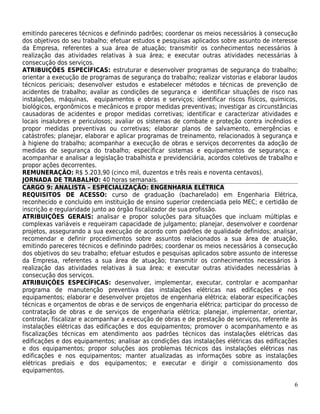 emitindo pareceres técnicos e definindo padrões; coordenar os meios necessários à consecução
dos objetivos do seu trabalho; efetuar estudos e pesquisas aplicados sobre assunto de interesse
da Empresa, referentes a sua área de atuação; transmitir os conhecimentos necessários à
realização das atividades relativas à sua área; e executar outras atividades necessárias à
consecução dos serviços.
ATRIBUIÇÕES ESPECÍFICAS: estruturar e desenvolver programas de segurança do trabalho;
orientar a execução de programas de segurança do trabalho; realizar vistorias e elaborar laudos
técnicos periciais; desenvolver estudos e estabelecer métodos e técnicas de prevenção de
acidentes de trabalho; avaliar as condições de segurança e identificar situações de risco nas
instalações, máquinas, equipamentos e obras e serviços; identificar riscos físicos, químicos,
biológicos, ergonômicos e mecânicos e propor medidas preventivas; investigar as circunstâncias
causadoras de acidentes e propor medidas corretivas; identificar e caracterizar atividades e
locais insalubres e periculosos; avaliar os sistemas de combate e proteção contra incêndios e
propor medidas preventivas ou corretivas; elaborar planos de salvamento, emergências e
catástrofes; planejar, elaborar e aplicar programas de treinamento, relacionados à segurança e
à higiene do trabalho; acompanhar a execução de obras e serviços decorrentes da adoção de
medidas de segurança do trabalho; especificar sistemas e equipamentos de segurança; e
acompanhar e analisar a legislação trabalhista e previdenciária, acordos coletivos de trabalho e
propor ações decorrentes.
REMUNERAÇÃO: R$ 5.203,90 (cinco mil, duzentos e três reais e noventa centavos).
JORNADA DE TRABALHO: 40 horas semanais.
CARGO 9: ANALISTA – ESPECIALIZAÇÃO: ENGENHARIA ELÉTRICA
REQUISITOS DE ACESSO: curso de graduação (bacharelado) em Engenharia Elétrica,
reconhecido e concluído em instituição de ensino superior credenciada pelo MEC; e certidão de
inscrição e regularidade junto ao órgão fiscalizador de sua profissão.
ATRIBUIÇÕES GERAIS: analisar e propor soluções para situações que incluam múltiplas e
complexas variáveis e requeiram capacidade de julgamento; planejar, desenvolver e coordenar
projetos, assegurando a sua execução de acordo com padrões de qualidade definidos; analisar,
recomendar e definir procedimentos sobre assuntos relacionados a sua área de atuação,
emitindo pareceres técnicos e definindo padrões; coordenar os meios necessários à consecução
dos objetivos do seu trabalho; efetuar estudos e pesquisas aplicados sobre assunto de interesse
da Empresa, referentes a sua área de atuação; transmitir os conhecimentos necessários à
realização das atividades relativas à sua área; e executar outras atividades necessárias à
consecução dos serviços.
ATRIBUIÇÕES ESPECÍFICAS: desenvolver, implementar, executar, controlar e acompanhar
programa de manutenção preventiva das instalações elétricas nas edificações e nos
equipamentos; elaborar e desenvolver projetos de engenharia elétrica; elaborar especificações
técnicas e orçamentos de obras e de serviços de engenharia elétrica; participar do processo de
contratação de obras e de serviços de engenharia elétrica; planejar, implementar, orientar,
controlar, fiscalizar e acompanhar a execução de obras e de prestação de serviços, referente às
instalações elétricas das edificações e dos equipamentos; promover o acompanhamento e as
fiscalizações técnicas em atendimento aos padrões técnicos das instalações elétricas das
edificações e dos equipamentos; analisar as condições das instalações elétricas das edificações
e dos equipamentos; propor soluções aos problemas técnicos das instalações elétricas nas
edificações e nos equipamentos; manter atualizadas as informações sobre as instalações
elétricas prediais e dos equipamentos; e executar e dirigir o comissionamento dos
equipamentos.

                                                                                              6
 