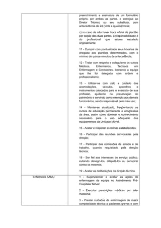 preenchimento e assinatura de um formulário
próprio, por ambas as partes, e entregue ao
Diretor Técnico ou seu substituto, com
antecedência de 24 (vinte e quatro) horas;
c) no caso de não haver troca oficial de plantão
por opção das duas partes, a responsabilidade é
do
profissional
que
estava
escalado
originalmente;
11 - Cumprir com pontualidade seus horários de
chegada aos plantões determinados, com o
mínimo de quinze minutos de antecedência;
12 - Tratar com respeito e coleguismo os outros
Médicos,
Enfermeiros,
Técnicos
em
Enfermagem e Condutores, liderando a equipe
que lhe for delegada com ordem e
profissionalismo;
13 - Utilizar-se com zelo e cuidado das
acomodações,
veículos,
aparelhos
e
instrumentos colocados para o exercício de sua
profissão, ajudando na preservação do
patrimônio e servindo como exemplo aos demais
funcionários, sendo responsável pelo mau uso;
14 - Manter-se atualizado, freqüentando os
cursos de educação permanente e congressos
da área, assim como dominar o conhecimento
necessário para o uso adequado dos
equipamentos da Unidade Móvel;
15 - Acatar e respeitar as rotinas estabelecidas;
16 - Participar das reuniões convocadas pela
direção;
17 - Participar das comissões de estudo e de
trabalho, quando requisitado pela direção
técnica;
18 - Ser fiel aos interesses do serviço público,
evitando denegri-los, dilapidá-los ou conspirar
contra os mesmos;
19 - Acatar as deliberações da direção técnica.
Enfermeiro SAMU

1 - Supervisionar e avaliar as ações de
enfermagem da equipe no Atendimento PréHospitalar Móvel;
2 - Executar prescrições médicas por telemedicina;
3 - Prestar cuidados de enfermagem de maior
complexidade técnica a pacientes graves e com

 
