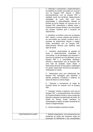 2 - Estimular e acompanhar o desenvolvimento
de trabalhos de caráter comunitário em conjunto
com as Equipes PSF; Discutir e refletir
permanentemente com as Equipes PSF a
realidade social dos territórios, desenvolvendo
estratégias de como lidar com suas
adversidades e potencialidades; Atender as
famílias de forma integral, em conjunto com as
Equipes PSF, estimulando a reflexão sobre o
conhecimento dessas famílias e da comunidade
que possam contribuir para o processo de
adoecimento;
3 - Identificar no território, junto com as Equipes
PSF, valores e normas culturais das famílias e
da comunidade que possam contribuir para o
processo de adoecimento; Discutir e realizar
visitas domiciliares com as Equipes PSF,
desenvolvendo técnicas para qualificar essa
ação de saúde;
4 - Identificar oportunidades de geração de
renda e desenvolvimento sustentável na
comunidade, ou de estratégias que propiciem o
exercício da cidadania em sua plenitude, com as
Equipes PSF e a comunidade Identificar,
articular e disponibilizar com as Equipes PSF
uma rede de proteção social; Apoiar e
desenvolver técnicas de educação e mobilização
em saúde; Desenvolver técnicas de educação e
mobilização em saúde;
5 - Desenvolver junto com profissionais das
Equipes PSF estratégias para identificar e
abordar problemas vinculados à violência, ao
abuso de álcool e a outras drogas;
6 - Estimular e acompanhar as ações de
Controle Social em conjunto com as Equipes
PSF;
7 - Capacitar, orientar e organizar, junto com as
Equipes PSF, o acompanhamento das famílias
do Programa Bolsas Família e outros programas
federais e estaduais de distribuição de renda; No
âmbito do Serviço Social, identificar as
necessidades e realizar as ações necessárias ao
acesso à Oxigenioterapia;
8 – Outras atividades inerentes à função.

FISIOTERAPEUTA/ NASF

1 - Realizar diagnósticos, com levantamento dos
problemas de saúde que requeiram ações de
prevenção de deficiências e das necessidades

 