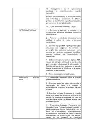 10 - Acompanhar o uso de equipamentos
auxiliares
e
encaminhamentos
quando
necessário;
Realizar encaminhamento e acompanhamento
das indicações e concessões de órteses,
próteses e atendimentos específicos realizados
por outro nível de atenção à saúde;
11 – Outras atividades inerentes à função.
NUTRICIONISTA/ NASF

1 - Conhecer e estimular a produção e o
consumo dos alimentos saudáveis produzidos
regionalmente;
2 - Promover a articulação intersetorial para
viabilizar o cultivo de hortas e pomares
comunitários;
3 - Capacitar Equipes PSF e participar de ações
vinculadas aos programas de controle e
prevenção dos distúrbios nutricionais como
carência por nutrientes, sobrepeso, obesidade,
doenças crônicas não transmissíveis e
desnutrição;
4 - Elaborar em conjunto com as Equipes PSF,
rotinas de atenção nutricional e atendimento
para doenças relacionadas à alimentação e
Nutrição, de acordo com protocolos de atenção
básica, organizando a referência e a contrareferência do atendimento;
5 - Outras atividades inerentes à função.

EDUCADOR
NASF

FÍSICO/

1 - Desenvolver atividades físicas e práticas
junto à comunidade;
2 – Promover ações que visem à prevenção, a
minimização dos riscos e à proteção à
vulnerabilidade, buscando a produção do auto
cuidado;
3 - Incentivar a criação de espaços de inclusão
social, com ações que ampliem o sentimento de
pertinência social na comunidades, por meio da
atividade física regular, do esporte e lazer, das
práticas corporais;
4 - Proporcionar Educação Permanente em
Atividade Física/ Práticas Corporais, nutrição e
saúde juntamente com as Equipes PSF, sob a
forma de co-participação, acompanhamento
supervisionado, discussão de caso e demais
metodologias da aprendizagem em serviço,
dentro de um processo de Educação

 