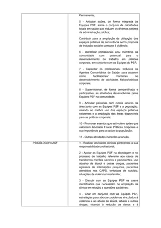 Permanente;
5 - Articular ações, de forma integrada às
Equipes PSF, sobre o conjunto de prioridades
locais em saúde que incluam os diversos setores
da administração pública;
Contribuir para a ampliação da utilização dos
espaços públicos de convivência como proposta
de inclusão social e combate à violência;
6 - Identificar profissionais e/ou membros da
comunidade
com
potencial
para
o
desenvolvimento do trabalho em práticas
corporais, em conjunto com as Equipes do PSF;
7 - Capacitar os profissionais. Inclusive os
Agentes Comunitários de Saúde, para atuarem
como
facilitadores/
monitores
no
desenvolvimento de atividades físicas/práticas
corporais;
8 - Supervisionar, de forma compartilhada e
participativa, as atividades desenvolvidas pelas
Equipes PSF na comunidade;
9 - Articular parcerias com outros setores da
área junto com as Equipes PSF e a população,
visando ao melhor uso dos espaços públicos
existentes e a ampliação das áreas disponíveis
para as práticas corporais;
10 - Promover eventos que estimulem ações que
valorizem Atividade Física/ Práticas Corporais e
sua importância para a saúde da população;
11 - Outras atividades inerentes à função.
PSICÓLOGO/ NASF

1 - Realizar atividades clínicas pertinentes a sua
responsabilidade profissional;
2 - Apoiar as Equipes PSF na abordagem e no
processo de trabalho referente aos casos de
transtornos mentais severos e persistentes, uso
abusivo de álcool e outras drogas, pacientes
egressos de internações psíquicas, pacientes
atendidos nos CAPS, tentativas de suicídio,
situações de violência intrafamiliar;
3 - Discutir com as Equipes PSF os casos
identificados que necessitam de ampliação da
clínica em relação a questões subjetivas;
4 - Criar em conjunto com as Equipes PSF,
estratégias para abordar problemas vinculados à
violência e ao abuso de álcool, tabaco e outras
drogas, visando á redução de danos e á

 