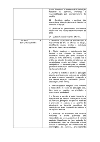 pontos de atenção, a necessidade de internação
hospitalar
ou
domiciliar,
mantendo
a
responsabilização pelo acompanhamento do
usuário;
22 - Contribuir, realizar e participar das
atividades de educação permanente de todos os
membros da equipe;
23 - Participar do gerenciamento dos insumos
necessários para o adequado funcionamento da
USB;
24 – Outras atividades inerentes à função.
TÉCNICO
ENFERMAGEM/ PSF

DE

1 - Participar do processo de territorialização e
mapeamento da área de atuação da equipe,
identificando grupos, famílias e indivíduos
expostos a riscos e vulnerabilidades;
2 - Manter atualizado o cadastramento das
famílias e dos indivíduos no sistema de
informação indicado pelo gestor municipal e
utilizar, de forma sistemática, os dados para a
análise da situação de saúde, considerando as
características sociais, econômicas, culturais,
demográficas e epidemiológicas do território,
priorizando as situações a serem acompanhadas
no planejamento local;
3 - Realizar o cuidado da saúde da população
adscrita, prioritariamente no âmbito da unidade
de saúde, e, quando necessário, no domicílio e
nos demais espaços comunitários (escolas,
associações, entre outros);
4 - Realizar ações de atenção à saúde conforme
a necessidade de saúde da população local,
bem como as previstas nas prioridades e
protocolos da gestão local;
5 - Garantir a atenção à saúde buscando a

integralidade por meio da realização de ações
de promoção, proteção e recuperação da saúde
e prevenção de agravos; e da garantia de
atendimento da demanda espontânea, da
realização das ações programáticas, coletivas e
de vigilância à saúde;
6 - Participar do acolhimento dos usuários

realizando
a
escuta
qualificada
das
necessidades de saúde, procedendo à primeira
avaliação (classificação de risco, avaliação de
vulnerabilidade, coleta de informações e sinais
clínicos) e identificação das necessidades de
intervenções de cuidado, proporcionando

 