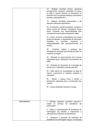 18 - Realizar consultas clínicas, pequenos
procedimentos cirúrgicos, atividades em grupo
na UBS e, quando indicado ou necessário, no
domicílio e/ou nos demais espaços comunitários
(escolas, associações etc.);
19 - Realizar atividades programadas e de
atenção à demanda espontânea;
20 - Encaminhar, quando necessário, usuários a
outros pontos de atenção, respeitando fluxos
locais, mantendo sua responsabilidade pelo
acompanhamento do plano terapêutico deles;
21 - Indicar, de forma compartilhada com outros
pontos de atenção, a necessidade de internação
hospitalar
ou
domiciliar,
mantendo
a
responsabilização pelo acompanhamento do
usuário;
22 - Contribuir, realizar e participar das
atividades de educação permanente de todos os
membros da equipe;
23 - Participar do gerenciamento dos insumos
necessários para o adequado funcionamento da
USB;
24 – Participar da Campanha de imunização de
acordo com o calendário proposto pelo MS;
25 - Estar atento às necessidades da Sala de
Vacina, suprimentos e materiais inerentes à
vacinação;
26 – Manter o espaço limpo e conferir a
temperatura adequada para a conservação das
vacinas;
27 – Outras atividades inerentes à função.

ENFERMEIRO

1 - Planejar, organizar, coordenar, executar e
avaliar os serviços de assistência de
enfermagem.
2 - Aplicar a sistematização da assistência de
enfermagem aos clientes e implementar a
utilização dos protocolos de atendimento.
3 - Assegurar e participar da prestação de
assistência de enfermagem segura, humanizada

 