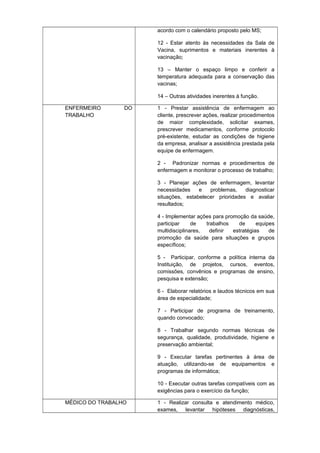 acordo com o calendário proposto pelo MS;
12 - Estar atento às necessidades da Sala de
Vacina, suprimentos e materiais inerentes à
vacinação;
13 – Manter o espaço limpo e conferir a
temperatura adequada para a conservação das
vacinas;
14 – Outras atividades inerentes à função.
ENFERMEIRO
TRABALHO

DO

1 - Prestar assistência de enfermagem ao
cliente, prescrever ações, realizar procedimentos
de maior complexidade, solicitar exames,
prescrever medicamentos, conforme protocolo
pré-existente, estudar as condições de higiene
da empresa, analisar a assistência prestada pela
equipe de enfermagem.
2 - Padronizar normas e procedimentos de
enfermagem e monitorar o processo de trabalho;
3 - Planejar ações de enfermagem, levantar
necessidades
e
problemas,
diagnosticar
situações, estabelecer prioridades e avaliar
resultados;
4 - Implementar ações para promoção da saúde,
participar
de
trabalhos
de
equipes
multidisciplinares,
definir
estratégias
de
promoção da saúde para situações e grupos
específicos;
5 - Participar, conforme a política interna da
Instituição, de projetos, cursos, eventos,
comissões, convênios e programas de ensino,
pesquisa e extensão;
6 - Elaborar relatórios e laudos técnicos em sua
área de especialidade;
7 - Participar de programa de treinamento,
quando convocado;
8 - Trabalhar segundo normas técnicas de
segurança, qualidade, produtividade, higiene e
preservação ambiental;
9 - Executar tarefas pertinentes à área de
atuação, utilizando-se de equipamentos e
programas de informática;
10 - Executar outras tarefas compatíveis com as
exigências para o exercício da função;

MÉDICO DO TRABALHO

1 - Realizar consulta e atendimento médico,
exames, levantar hipóteses diagnósticas,

 