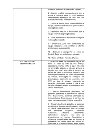 programa específico ao qual estiver inserido;
2 - Discutir e refletir permanentemente com a
equipe a realidade social do grupo assistido,
desenvolvendo estratégias de como lidar com
suas adversidades e potencialidades;
3 - Discutir e realizar visitas domiciliares com a
equipe, desenvolvendo técnicas para qualificar
essa ação de saúde;
7 - Identificar, articular e disponibilizar com a

equipe uma rede de proteção social;
8 - Apoiar e desenvolver técnicas de educação e

mobilização em saúde;
9 - Desenvolver junto com profissionais da
equipe estratégias para identificar e abordar
problemas do grupo assistido;
10 - Estimular e acompanhar as ações de
Controle Social em conjunto com a equipe;
13 - Outras atividades inerentes à função.
FISIOTERAPEUTA/
MELHOR EM CASA

1 - Executar ações de assistência integral em
todas as fases do ciclo de vida: criança,
adolescente, mulher, adulto e idoso, intervindo
na prevenção, através da atenção primária e
também em nível secundário e terciário de
saúde por julgar o profissional habilitado para
realizar procedimentos tais como: imobilizações
de fraturas, mobilização de secreções em
pneumopatas, tratamento de pacientes com
AVC na fase de choque, tratamento de
pacientes cardiopatas durante o pré e pós
cirúrgico, analgesia através da manipulação e do
uso da eletroterapia;
2 - Realizar atendimentos domiciliares em
pacientes portadores de enfermidades crônicas
e/ou degenerativas, pacientes acamados ou
impossibilitados. Encaminhando à serviços de
maior complexidade,quando julgar necessário;
3 - Prestar atendimento pediátrico a pacientes
portadores de doenças neurológicas com retardo
no DNPM (desenvolvimento neuropsicomotor),
mal
formações
congênitas,
distúrbios
nutricionais,
afecções
respiratórias,
deformidades
posturais;
pois
com
os
procedimentos ou recursos fisioterápicos o
número de hospitalizações pode ser reduzido, a
progressão das lesões pode ser evitada ou
acentuada e o desenvolvimento motor normal

 