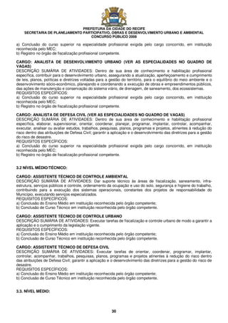 PREFEITURA DA CIDADE DO RECIFE
SECRETARIA DE PLANEJAMENTO PARTICIPATIVO, OBRAS E DESENVOLVIMENTO URBANO E AMBIENTAL
CONCURSO PÚBLICO 2008
30
a) Conclusão do curso superior na especialidade profissional exigida pelo cargo concorrido, em instituição
reconhecida pelo MEC;
b) Registro no órgão de fiscalização profissional competente.
CARGO: ANALISTA DE DESENVOLVIMENTO URBANO (VER AS ESPECIALIDADES NO QUADRO DE
VAGAS)
DESCRIÇÃO SUMÁRIA DE ATIVIDADES: Dentro de sua área de conhecimento e habilitação profissional
específica, contribuir para o desenvolvimento urbano, assegurando a atualização, aperfeiçoamento e cumprimento
de leis, planos, políticas e diretrizes voltadas para a gestão do território, para o equilíbrio do meio ambiente e o
desenvolvimento sócio-econômico, planejando e coordenando a execução de obras e empreendimentos públicos,
das ações de manutenção e conservação do sistema viário, de drenagem, de saneamento, dos ecossistemas.
REQUISITOS ESPECÍFICOS:
a) Conclusão do curso superior na especialidade profissional exigida pelo cargo concorrido, em instituição
reconhecida pelo MEC;
b) Registro no órgão de fiscalização profissional competente.
CARGO: ANALISTA DE DEFESA CIVIL (VER AS ESPECIALIDADES NO QUADRO DE VAGAS)
DESCRIÇÃO SUMÁRIA DE ATIVIDADES: Dentro de sua área de conhecimento e habilitação profissional
específica, elaborar, supervisionar, orientar, coordenar, planejar, programar, implantar, controlar, acompanhar,
executar, analisar ou avaliar estudos, trabalhos, pesquisas, planos, programas e projetos, atinentes à redução do
risco dentro das atribuições de Defesa Civil; garantir a aplicação e o desenvolvimento das diretrizes para a gestão
do risco de desastre.
REQUISITOS ESPECÍFICOS:
a) Conclusão do curso superior na especialidade profissional exigida pelo cargo concorrido, em instituição
reconhecida pelo MEC;
b) Registro no órgão de fiscalização profissional competente.
3.2 NÍVEL MÉDIO/TÉCNICO:
CARGO: ASSISTENTE TÉCNICO DE CONTROLE AMBIENTAL
DESCRIÇÃO SUMÁRIA DE ATIVIDADES: Dar suporte técnico às áreas de fiscalização, saneamento, infra-
estrutura, serviços públicos e controle, ordenamento da ocupação e uso do solo, segurança e higiene do trabalho,
contribuindo para a execução dos sistemas operacionais, constantes dos projetos de responsabilidade do
Município, executando serviços especializados.
REQUISITOS ESPECÍFICOS:
a) Conclusão do Ensino Médio em instituição reconhecida pelo órgão competente;
b) Conclusão de Curso Técnico em instituição reconhecida pelo órgão competente.
CARGO: ASSISTENTE TÉCNICO DE CONTROLE URBANO
DESCRIÇÃO SUMÁRIA DE ATIVIDADES: Executar tarefas de fiscalização e controle urbano de modo a garantir a
aplicação e o cumprimento da legislação vigente.
REQUISITOS ESPECÍFICOS:
a) Conclusão do Ensino Médio em instituição reconhecida pelo órgão competente;
b) Conclusão de Curso Técnico em instituição reconhecida pelo órgão competente.
CARGO: ASSISTENTE TÉCNICO DE DEFESA CIVIL
DESCRIÇÃO SUMÁRIA DE ATIVIDADES: Executar tarefas de orientar, coordenar, programar, implantar,
controlar, acompanhar, trabalhos, pesquisas, planos, programas e projetos atinentes à redução do risco dentro
das atribuições de Defesa Civil; garantir a aplicação e o desenvolvimento das diretrizes para a gestão do risco de
desastre.
REQUISITOS ESPECÍFICOS:
a) Conclusão do Ensino Médio em instituição reconhecida pelo órgão competente;
b) Conclusão de Curso Técnico em instituição reconhecida pelo órgão competente.
3.3. NÍVEL MÉDIO:
 