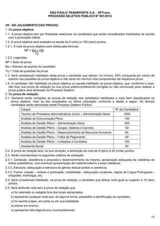 SÃO PAULO TRANSPORTE S.A. - SPTrans
                                  PROCESSO SELETIVO PÚBLICO Nº 001/2012


VII - DO JULGAMENTO DAS PROVAS
1. Da prova objetiva:
1.1. A prova objetiva tem por finalidade selecionar os candidatos que serão considerados habilitados de acordo
  com a pontuação obtida.
1.2. A prova objetiva será avaliada na escala de 0 (zero) a 100 (cem) pontos.
1.2.1. A nota da prova objetiva será obtida pela fórmula:
               NP = Na x 100
                       Tq
1.2.2. Legendas:
NP = Nota da prova
Na = Número de acertos do candidato
Tq = Total de questões da prova
1.3. Será considerado habilitado nesta prova o candidato que obtiver, no mínimo, 50% (cinquenta por cento) de
  acertos nas questões da prova objetiva e não zerar em nenhum dos componentes da respectiva prova.
1.4. O candidato não habilitado na prova objetiva ou aquele habilitado na prova objetiva, que, conforme o caso,
   não tiver sua prova de redação ou sua prova prático-profissional corrigida ou não convocado para realizar a
   prova prática será eliminado do Processo Seletivo.
2. Da prova de redação:
2.1. Somente serão corrigidas as provas de redação dos candidatos habilitados e mais bem classificados na
     prova objetiva, mais as dos empatados na última colocação, conforme a tabela a seguir. Os demais
     candidatos serão eliminados deste Processo Seletivo Público:
            Cargos                                                                   Nº de Candidatos
            Técnico de Processos Administrativos Júnior – Administração Geral              1000
            Analista de Comunicação Pleno                                                   100
            Analista de Gestão Pleno – Administração Geral                                  300
            Analista de Gestão Pleno – Cargos, Salários e Carreira                          50
            Analista de Gestão Pleno – Desenvolvimento de Recursos Humanos                  60
            Analista de Gestão Pleno – Folha de Pagamento                                   50
            Analista de Gestão Pleno – Licitações e Contratos                               100
            Assistente Social                                                               50
2.2. A prova de redação terá, na sua correção, a atribuição de nota de 0 (zero) a 20 (vinte) pontos.
2.3. Serão considerados os seguintes critérios de avaliação:
2.3.1. Conteúdo: obediência à proposta e desenvolvimento da mesma, apropriação adequada da coletânea de
  textos subsidiários, com eventual apresentação de material externo a essa coletânea;
2.3.2. Estrutura: adequação à estrutura do gênero textual pedido e coerência;
2.3.3. Forma: coesão – sintaxe e pontuação; modalidade - adequação vocabular; regras da Língua Portuguesa -
  ortografia, morfologia, etc;
2.4. Será considerado habilitado, na prova de redação, o candidato que obtiver nota igual ou superior a 10 (dez)
  pontos.
2.5. Será atribuída nota zero à prova de redação que:
    a) for assinada ou redigida fora dos locais apropriados;
    b) apresentar qualquer sinal que, de alguma forma, possibilite a identificação do candidato;
    c) for escrita a lápis, em parte ou em sua totalidade;
    d) estiver em branco;
    e) apresentar letra ilegível e/ou incompreensível;

                                                                                                             16
 