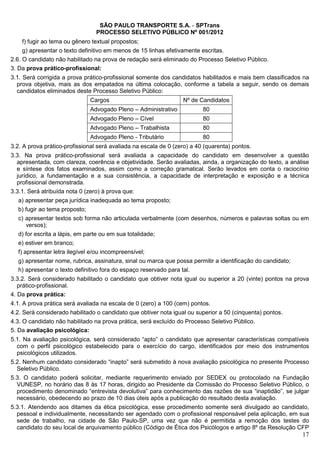 SÃO PAULO TRANSPORTE S.A. - SPTrans
                                 PROCESSO SELETIVO PÚBLICO Nº 001/2012
    f) fugir ao tema ou gênero textual propostos;
    g) apresentar o texto definitivo em menos de 15 linhas efetivamente escritas.
2.6. O candidato não habilitado na prova de redação será eliminado do Processo Seletivo Público.
3. Da prova prático-profissional:
3.1. Será corrigida a prova prático-profissional somente dos candidatos habilitados e mais bem classificados na
  prova objetiva, mais as dos empatados na última colocação, conforme a tabela a seguir, sendo os demais
  candidatos eliminados deste Processo Seletivo Público:
                               Cargos                             Nº de Candidatos
                               Advogado Pleno – Administrativo            80
                               Advogado Pleno – Cível                     80
                               Advogado Pleno – Trabalhista               80
                               Advogado Pleno - Tributário                80
3.2. A prova prático-profissional será avaliada na escala de 0 (zero) a 40 (quarenta) pontos.
3.3. Na prova prático-profissional será avaliada a capacidade do candidato em desenvolver a questão
  apresentada, com clareza, coerência e objetividade. Serão avaliadas, ainda, a organização do texto, a análise
  e síntese dos fatos examinados, assim como a correção gramatical. Serão levados em conta o raciocínio
  jurídico, a fundamentação e a sua consistência, a capacidade de interpretação e exposição e a técnica
  profissional demonstrada.
3.3.1. Será atribuída nota 0 (zero) à prova que:
  a) apresentar peça jurídica inadequada ao tema proposto;
  b) fugir ao tema proposto;
  c) apresentar textos sob forma não articulada verbalmente (com desenhos, números e palavras soltas ou em
     versos);
  d) for escrita a lápis, em parte ou em sua totalidade;
  e) estiver em branco;
  f) apresentar letra ilegível e/ou incompreensível;
  g) apresentar nome, rubrica, assinatura, sinal ou marca que possa permitir a identificação do candidato;
  h) apresentar o texto definitivo fora do espaço reservado para tal.
3.3.2. Será considerado habilitado o candidato que obtiver nota igual ou superior a 20 (vinte) pontos na prova
   prático-profissional.
4. Da prova prática:
4.1. A prova prática será avaliada na escala de 0 (zero) a 100 (cem) pontos.
4.2. Será considerado habilitado o candidato que obtiver nota igual ou superior a 50 (cinquenta) pontos.
4.3. O candidato não habilitado na prova prática, será excluído do Processo Seletivo Público.
5. Da avaliação psicológica:
5.1. Na avaliação psicológica, será considerado “apto” o candidato que apresentar características compatíveis
  com o perfil psicológico estabelecido para o exercício do cargo, identificados por meio dos instrumentos
  psicológicos utilizados.
5.2. Nenhum candidato considerado “inapto” será submetido à nova avaliação psicológica no presente Processo
  Seletivo Público.
5.3. O candidato poderá solicitar, mediante requerimento enviado por SEDEX ou protocolado na Fundação
  VUNESP, no horário das 8 às 17 horas, dirigido ao Presidente da Comissão do Processo Seletivo Público, o
  procedimento denominado “entrevista devolutiva” para conhecimento das razões de sua “inaptidão”, se julgar
  necessário, obedecendo ao prazo de 10 dias úteis após a publicação do resultado desta avaliação.
5.3.1. Atendendo aos ditames da ética psicológica, esse procedimento somente será divulgado ao candidato,
  pessoal e individualmente, necessitando ser agendado com o profissional responsável pela aplicação, em sua
  sede de trabalho, na cidade de São Paulo-SP, uma vez que não é permitida a remoção dos testes do
  candidato do seu local de arquivamento público (Código de Ética dos Psicólogos e artigo 8º da Resolução CFP
                                                                                                             17
 