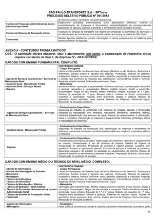 SÃO PAULO TRANSPORTE S.A. - SPTrans
                                        PROCESSO SELETIVO PÚBLICO Nº 001/2012
                                                  de rede de contato e central de comando operacional.
                                                  Desenvolver atividades administrativas como atendimento telefônico, controle e
 Técnico de Processos Administrativos Júnior -
                                                  encaminhamento de processos e documentos, redação/digitação de correspondências,
 Administração Geral
                                                  elaboração de cálculos, gráficos e planilhas e alimentando banco de dados diversos.
                                                  Fiscalizar os serviços de transporte sob regime de concessão ou permissão do Município e
 Técnico de Sistema de Transporte Júnior
                                                  dar atendimento às ocorrências do transporte coletivo sob pneus na cidade de São Paulo.
                                                  Atender ligações telefônicas, prestar informações e operar equipamentos de telefonia para
 Telefonista
                                                  redirecionamento de ligações.



ANEXO II - CONTEÚDOS PROGRAMÁTICOS
OBS.: O candidato deverá observar, total e atentamente, por cargo, a composição da respectiva prova
      objetiva constante do item 1. do Capítulo IV – DAS PROVAS.
CARGOS COM ENSINO FUNDAMENTAL COMPLETO:
                                                  CONTEÚDOS COMUNS
                                                  - Língua Portuguesa
                                                  Leitura e interpretação de diversos tipos de textos (literários e não literários). Sinônimos e
                                                  antônimos. Sentido próprio e figurado das palavras. Pontuação. Classes de palavras:
                                                  substantivo, adjetivo, numeral, pronome, verbo, advérbio, preposição e conjunção: emprego
- Agente de Serviços Operacionais - Serviços de   e sentido que imprimem às relações que estabelecem. Concordância verbal e nominal.
Manutenção Geral                                  Regência verbal e nominal. Colocação pronominal. Crase.
- Ajudante Geral - Manutenção Predial             - Matemática
- Ajudante Geral - Serviços Gerais                Números inteiros: operações e propriedades. Números racionais, representação fracionária
- Copeiro                                         e decimal: operações e propriedades. Mínimo múltiplo comum. Razão e proporção.
                                                  Porcentagem. Regra de três simples. Média aritmética simples. Equação do 1.º grau.
                                                  Sistema de equações do 1.º grau. Sistema métrico: medidas de tempo, comprimento,
                                                  superfície e capacidade. Relação entre grandezas: tabelas e gráficos. Noções de
                                                  geometria: forma, perímetro, área, volume, teorema de Pitágoras. Raciocínio lógico.
                                                  Resolução de situações-problema.

                                                  - Conhecimentos Específicos
                                                  Segurança do trabalho na construção civil. Sistemas de medidas, cálculos e ferramentas
- Agente de Serviços Operacionais – Serviços      utilizadas na manutenção civil: alvenaria, marcenaria, serralheria, carpintaria, elétrica,
de Manutenção Geral                               hidráulica (classificação dos sistemas de água, sistema de abastecimento e distribuição,
                                                  tubos e conexões), manutenção de máquinas e equipamentos industriais, simbologia, leitura
                                                  e interpretação de desenhos.

                                                  - Conhecimentos Específicos
                                                  Segurança do trabalho na construção civil, identificação de materiais e ferramentas de
- Ajudante Geral - Manutenção Predial
                                                  alvenaria, marcenaria, vidraçaria, serralheria (soldas elétrica e oxigênio), carpintaria, elétrica
                                                  e hidráulica.
                                                  - Conhecimentos Específicos
                                                  Procedimentos de limpeza, lavagem, higienização de ambientes, utensílios e equipamentos
                                                  de cozinha. Conhecimento e uso de produtos de limpeza. Hábitos de higiene na
                                                  manipulação de alimentos. Prevenção de doenças e higiene pessoal. Cuidados com
- Copeiro
                                                  aparência, limpeza e organização pessoal. Controle de estoque e materiais de consumo.
                                                  Segurança pessoal e do trabalho na operação de equipamentos de cozinha. Regras de
                                                  etiqueta e cortesia no atendimento a pessoas e equipes. Preparação de sucos, chás e café.
                                                  Organização do ambiente de trabalho.

CARGOS COM ENSINO MÉDIO OU TÉCNICO DE NÌVEL MÈDIO COMPLETO:
                                                  CONTEÚDOS COMUNS
- Agente de Informações                           - Língua Portuguesa
- Auxiliar de Enfermagem do Trabalho              Leitura e interpretação de diversos tipos de textos (literários e não literários). Sinônimos e
- Guincheiro                                      antônimos. Sentido próprio e figurado das palavras. Pontuação. Classes de palavras:
- Mensageiro                                      substantivo, adjetivo, numeral, pronome, verbo, advérbio, preposição e conjunção: emprego
- Técnico de Edificações                          e sentido que imprimem às relações que estabelecem. Concordância verbal e nominal.
- Técnico de Informática                          Regência verbal e nominal. Colocação pronominal. Crase.
- Técnico de Manutenção – Elétrica                - Matemática
- Técnico de Medições – Rede Elétrica             Operações com números reais. Mínimo múltiplo comum e máximo divisor comum. Razão e
- Técnico de Processos Administrativos Júnior-    proporção. Porcentagem. Regra de três simples e composta. Média aritmética simples e
   Administração Geral                            ponderada. Juros simples. Equação do 1.º e 2.º graus. Sistema de equações do 1.º grau.
- Técnico de Sistema de Transporte Júnior         Relação entre grandezas: tabelas e gráficos. Sistemas de medidas usuais. Noções de
- Telefonista                                     geometria: forma, perímetro, área, volume, ângulo, teorema de Pitágoras. Raciocínio lógico.
                                                  Resolução de situações-problema.
- Agente de Informações                           - Atualidades
- Mensageiro                                      Fatos políticos, econômicos, sociais e culturais, nacionais e internacionais, ocorridos a partir

                                                                                                                                                 25
 