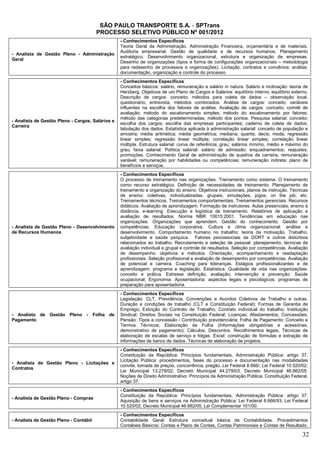 SÃO PAULO TRANSPORTE S.A. - SPTrans
                                        PROCESSO SELETIVO PÚBLICO Nº 001/2012
                                                  - Conhecimentos Específicos
                                                  Teoria Geral da Administração. Administração Financeira, orçamentária e de materiais.
                                                  Auditoria empresarial. Gestão de qualidade e de recursos humanos. Planejamento
- Analista de Gestão Pleno - Administração
                                                  estratégico. Desenvolvimento organizacional, estrutura e organização de empresas.
Geral
                                                  Desenho de organizações (tipos e forma de configurações organizacionais – metodologia
                                                  para redesenho de processos e organizações). Licitação, contratos e convênios: análise,
                                                  documentação, organização e controle do processo.
                                                  - Conhecimentos Específicos
                                                  Conceitos básicos: salário, remuneração e salário in natura. Salário e motivação: teoria de
                                                  Herzberg. Objetivos de um Plano de Cargos e Salários: equilíbrio interno; equilíbrio externo.
                                                  Descrição de cargos: conceito; métodos para coleta de dados – observação local,
                                                  questionário, entrevista, métodos combinados. Análise de cargos: conceito; variáveis
                                                  influentes na escolha dos fatores de análise. Avaliação de cargos: conceito; comitê de
                                                  avaliação; método do escalonamento simples; método do escalonamento por fatores;
                                                  método das categorias predeterminadas; método dos pontos. Pesquisa salarial: conceito;
- Analista de Gestão Pleno - Cargos, Salários e
                                                  escolha dos cargos; escolha das empresas participantes; caderno de coleta de dados;
Carreira
                                                  tabulação dos dados. Estatística aplicada à administração salarial: conceito de população e
                                                  amostra; média aritmética; média geométrica; mediana; quartis; decis; moda; regressão
                                                  linear simples; regressão linear múltipla; correlação linear simples; correlação linear
                                                  múltipla. Estrutura salarial: curva de referência; grau; salários mínimo, médio e máximo do
                                                  grau; faixa salarial. Política salarial: salário de admissão; enquadramentos; reajustes;
                                                  promoções. Conhecimento Geral de administração de quadros de carreira, remuneração
                                                  variável; remuneração por habilidades ou competências; remuneração indireta: plano de
                                                  benefícios e serviços.
                                                  - Conhecimentos Específicos
                                                  O processo de treinamento nas organizações. Treinamento como sistema. O treinamento
                                                  como recurso estratégico. Definição de necessidades de treinamento. Planejamento de
                                                  treinamento e organização do ensino. Objetivos instrucionais, planos de instrução. Técnicas
                                                  de ensino: coletivas, individualizadas, grupais, simulações, jogos, on the job, etc.
                                                  Treinamentos técnicos. Treinamentos comportamentais. Treinamentos gerenciais. Recursos
                                                  didáticos. Avaliação de aprendizagem. Formação de instrutores. Aulas presenciais, ensino à
                                                  distância, e-learning. Execução e logística de treinamento. Relatórios de aplicação e
                                                  avaliação de resultados. Norma NBR 10015:2001. Tendências em educação nas
                                                  organizações. Organizações que aprendem. Gestão do conhecimento. Gestão por
- Analista de Gestão Pleno - Desenvolvimento      competências. Educação corporativa. Cultura e clima organizacional: análise e
de Recursos Humanos                               desenvolvimento. Comportamento humano no trabalho: teoria da motivação. Trabalho,
                                                  subjetividade e saúde psíquica. Fatores psicossociais da DORT e outros distúrbios
                                                  relacionados ao trabalho. Recrutamento e seleção de pessoal: planejamento, técnicas de
                                                  avaliação individual e grupal e controle de resultados. Seleção por competências. Avaliação
                                                  de desempenho: objetivos e métodos. Orientação, acompanhamento e readaptação
                                                  profissionais. Seleção profissional e avaliação de desempenho por competências. Avaliação
                                                  de potencial e carreira. Coaching para lideranças. Estágios profissionalizantes e de
                                                  aprendizagem: programa e legislação. Estatística. Qualidade de vida nas organizações-
                                                  conceito e prática. Estresse definição, avaliação; intervenção e prevenção. Saúde
                                                  ocupacional; Ergonomia. Aposentadoria: aspectos legais e psicológicos; programas de
                                                  preparação para aposentadoria.
                                                  - Conhecimentos Específicos
                                                  Legislação: CLT, Previdência, Convenções e Acordos Coletivos de Trabalho e outras.
                                                  Duração e condições de trabalho (CLT e Constituição Federal); Formas de Garantia de
                                                  Emprego; Extinção do Contrato de Trabalho; Contrato individual do trabalho; Instituição
- Analista de Gestão Pleno - Folha de             Sindical; Direitos Sociais na Constituição Federal; Licenças; Afastamentos; Concessões;
Pagamento                                         Pensão: Tipos e concessão / Contribuição previdenciária; Folha de Pagamento: Conceito e
                                                  Termos Técnicos; Elaboração da Folha (Informações obrigatórias e acessórias,
                                                  demonstrativo de pagamento); Cálculos; Descontos. Recolhimentos legais, Técnicas de
                                                  elaboração de escalas de serviço e folgas. Excel: construção de fórmulas e extração de
                                                  informações de banco de dados. Técnicas de elaboração de projetos.
                                                  - Conhecimentos Específicos
                                                  Constituição da República: Princípios fundamentais, Administração Pública: artigo 37.
                                                  Licitação Pública: procedimentos, fases do processo e documentação nas modalidades
- Analista de Gestão Pleno - Licitações e
                                                  convite, tomada de preços, concorrência, pregão. Lei Federal 8.666/; Lei Federal 10.520/02;
Contratos
                                                  Lei Municipal 13.278/02; Decreto Municipal 44.279/03; Decreto Municipal 46.662/05.
                                                  Noções de Direito Administrativo: Princípios da Administração Pública. Constituição Federal,
                                                  artigo 37.
                                                  - Conhecimentos Específicos
                                                  Constituição da República: Princípios fundamentais, Administração Pública: artigo 37.
- Analista de Gestão Pleno - Compras
                                                  Aquisição de bens e serviços na Administração Pública: Lei Federal 8.666/93; Lei Federal
                                                  10.520/02; Decreto Municipal 46.662/05; Lei Complementar 101/00.
                                                  - Conhecimentos Específicos
- Analista de Gestão Pleno - Contábil             Contabilidade Geral: Estrutura conceitual básica da Contabilidade. Procedimentos
                                                  Contábeis Básicos: Contas e Plano de Contas, Contas Patrimoniais e Contas de Resultado.

                                                                                                                                            32
 