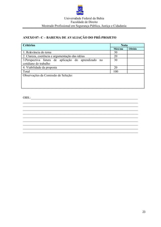 Universidade Federal da Bahia
Faculdade de Direito
Mestrado Profissional em Segurança Pública, Justiça e Cidadania
23
ANEXO 07– C – BAREMA DE AVALIAÇÃO DO PRÉ-PROJETO
NotaCritérios
Máxima Obtido
1. Relevância do tema 30
2. Clareza, coerência e argumentação das idéias 20
3.Perspectiva futura de aplicação do aprendizado no
cotidiano do trabalho
30
4. Viabilidade da proposta 20
Total 100
Observações da Comissão de Seleção:
OBS.:__________________________________________________________________
_______________________________________________________________________
_______________________________________________________________________
_______________________________________________________________________
_______________________________________________________________________
_______________________________________________________________________
_______________________________________________________________________
_______________________________________________________________________
_______________________________________________________________________
_______________________________________________________________________
 